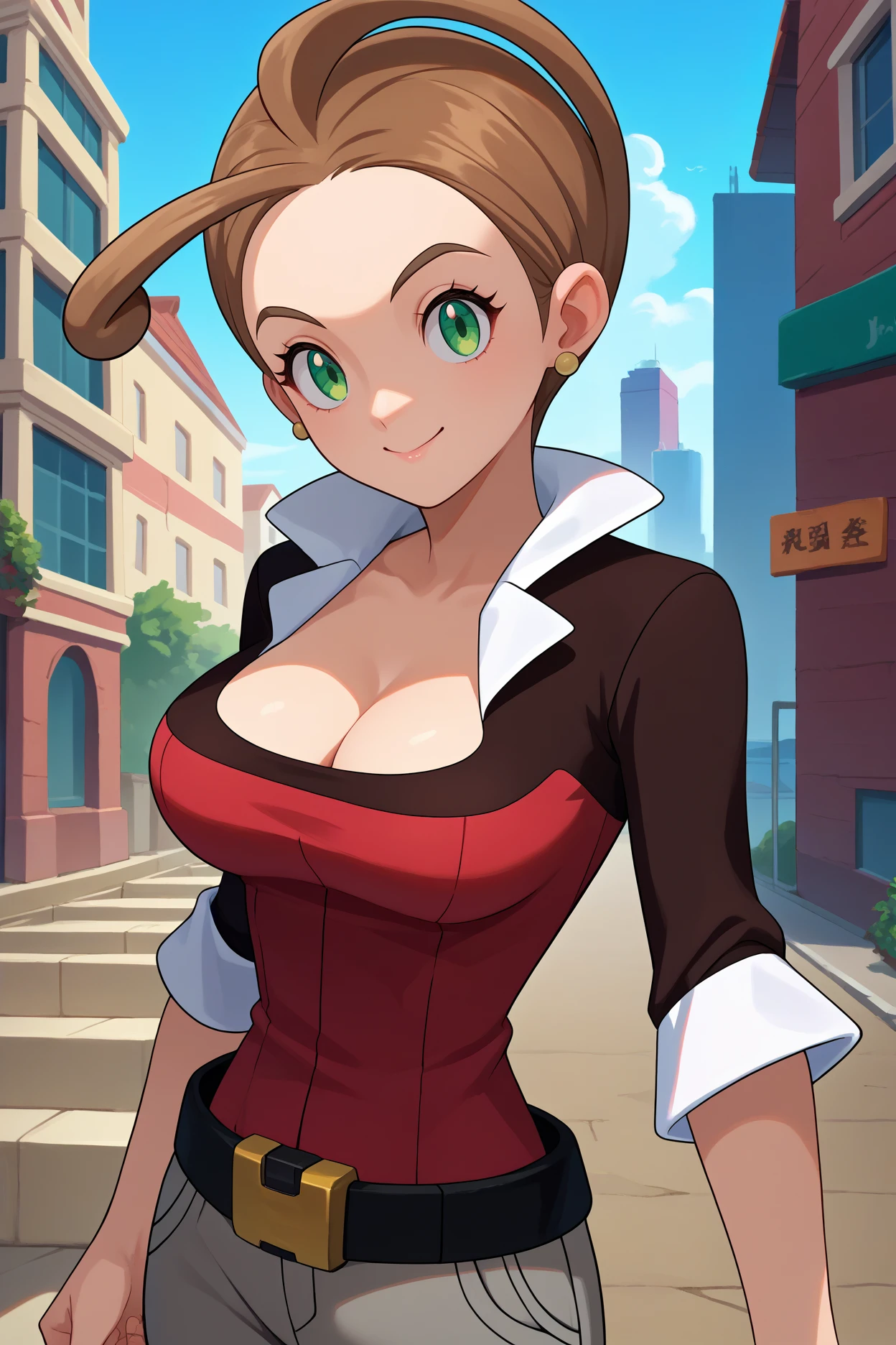 score_9, score_8_up, score_7_up, score_6_up, source_anime, 1girl, solo, <lora:pkmnalexa-pdxl-nvwls-v1-000005:1> pmAlexa, brown hair, ahoge, green eyes, earrings, black and red shirt, cleavage, sleeves rolled up, belt, grey pants, big breasts, upper body, looking at you, smile, city, blue sky