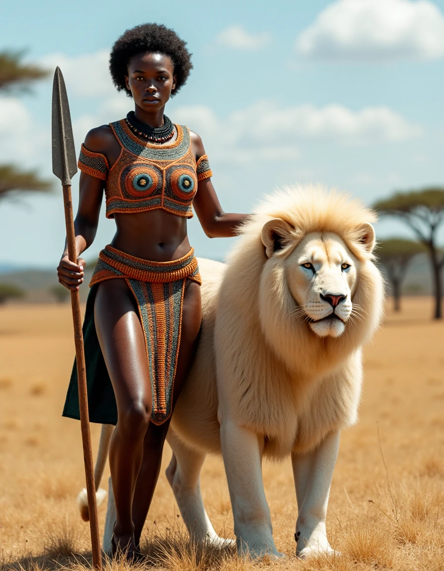 female African warrior standing proudly beside her majestic white lion in an expansive savanna landscape. The warrior is dressed in traditional African armor, embellished with intricate beadwork and vibrant patterns. Her stance is confident and poised, with her spear held firmly in one hand. She has striking facial features .The white lion stands majestically by her side, its fur shimmering in the sunlight and its piercing eyes exuding a sense of wisdom and power. The background features a vast savanna with acacia trees and a bright, clear sky