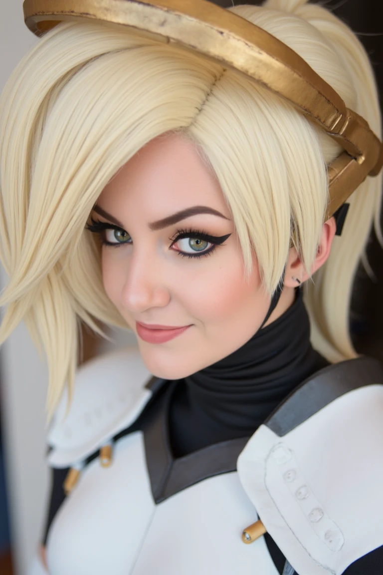 closeup portrait of a mercy cosplayer, iconic blonde hair wig, halo, white body armor, high black armored collar, eyeliner