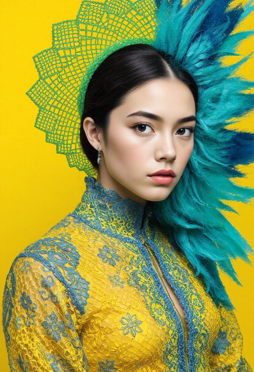 Vivid digital portrait, contemporary surrealism. Young woman in intricate yellow and blue lace-patterned attire. Background: bright yellow with subtle dots, left side crowned by elaborate green lace-like halo. Right side: dynamic turquoise and aqua brushstrokes, resembling ethereal fire. Focus on intricate textures and striking color contrasts.