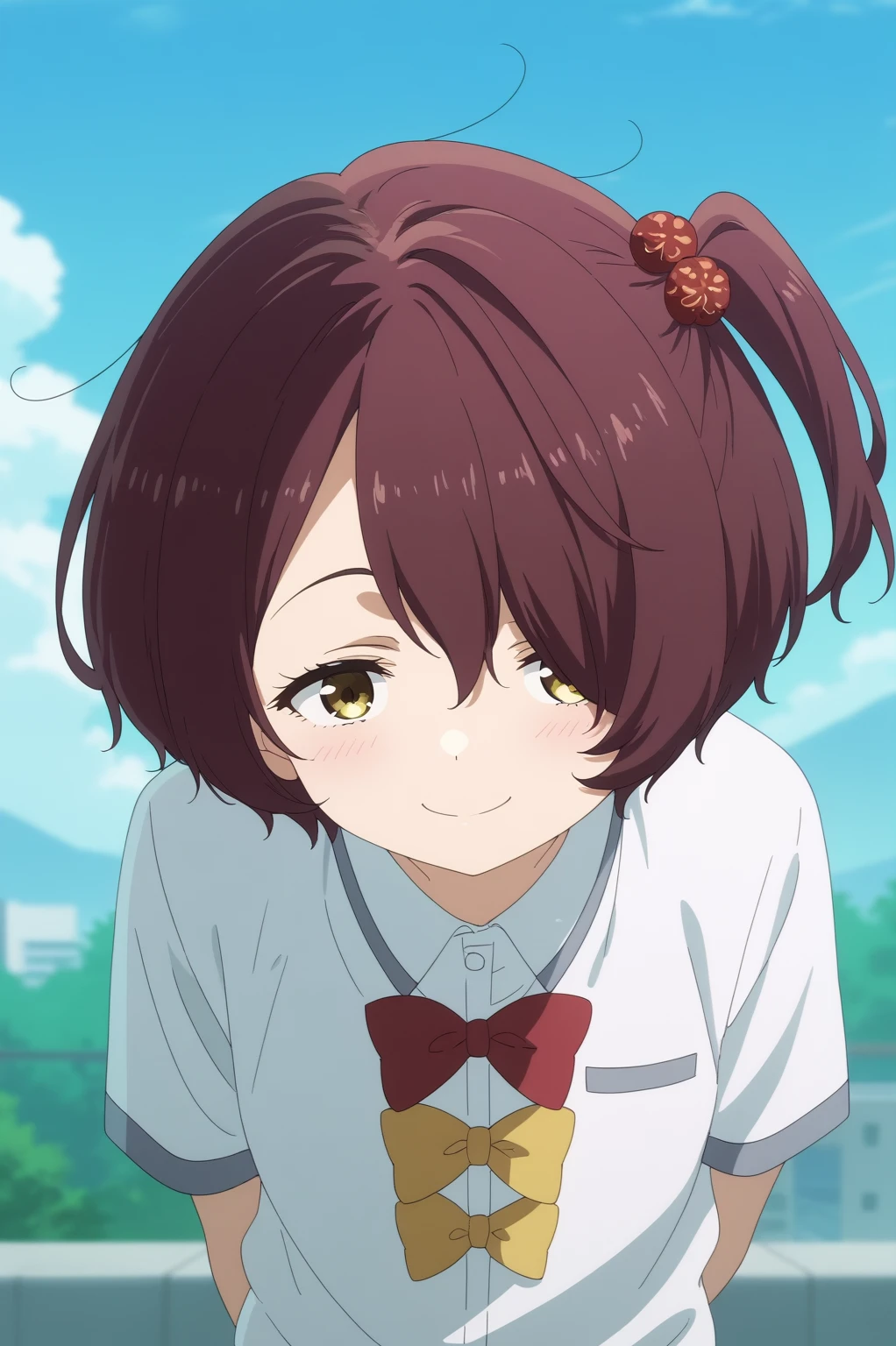 chika komari,anime screencap,1girl,solo,shirt,red bow,bow,brown hair,hair ornament,white shirt,short hair,hair over one eye,school roof,outdoors,sky,hands behind the back,leaning forward, looking at viewer,smile <lora:Chika_Komari - PDXL2.safetensors:0.8>