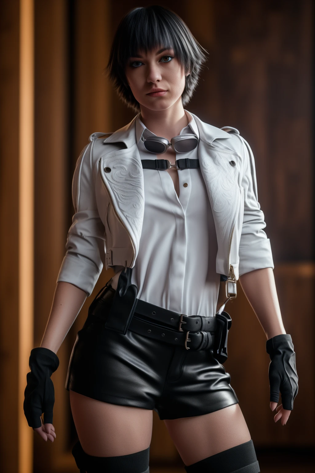 Best_QualityPos, RAW photo, intricate details, best quality, 8k uhd, soft lighting, 1girl, solo, dmc_lady, short hair, black hair, bangs, heterochromia, red eyes, green eyes, goggles, goggles around neck, white shirt, white jacket, long sleeves, sleeves rolled up, gloves, fingerless gloves, black shorts, belt, holster, thighhighs, thigh holster <lora:DMC_Lady:0.6>