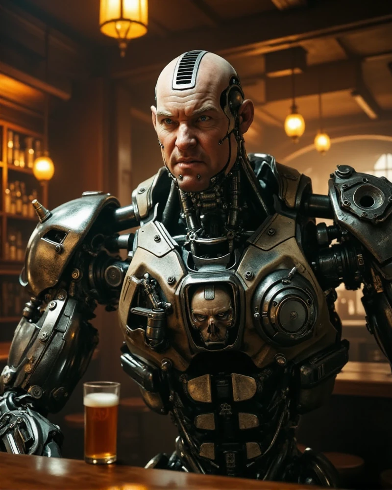 Grewishka, a giant rbald science fiction obot with a white man face,, is having a beer in a pub.   <lora:Grewishka:0.9>