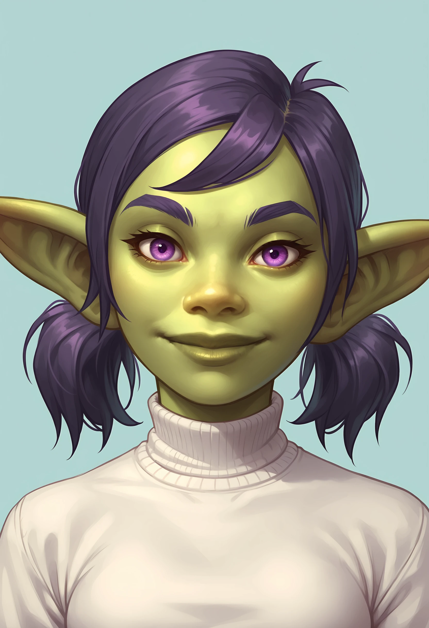 score_9, score_8_up, score_7_up, score_6_up, score_5_up, score_4_up,  1girl, solo, green skin, colored skin, pointy ears, goblin, twintails, short twintails, purple hair, purple eyes, close-up, lips, smile, wearing a white turtleneck, looking at viewer, long sleeves, <lora:LuxieGoblinWOW:0.7>
light blue background, simple background