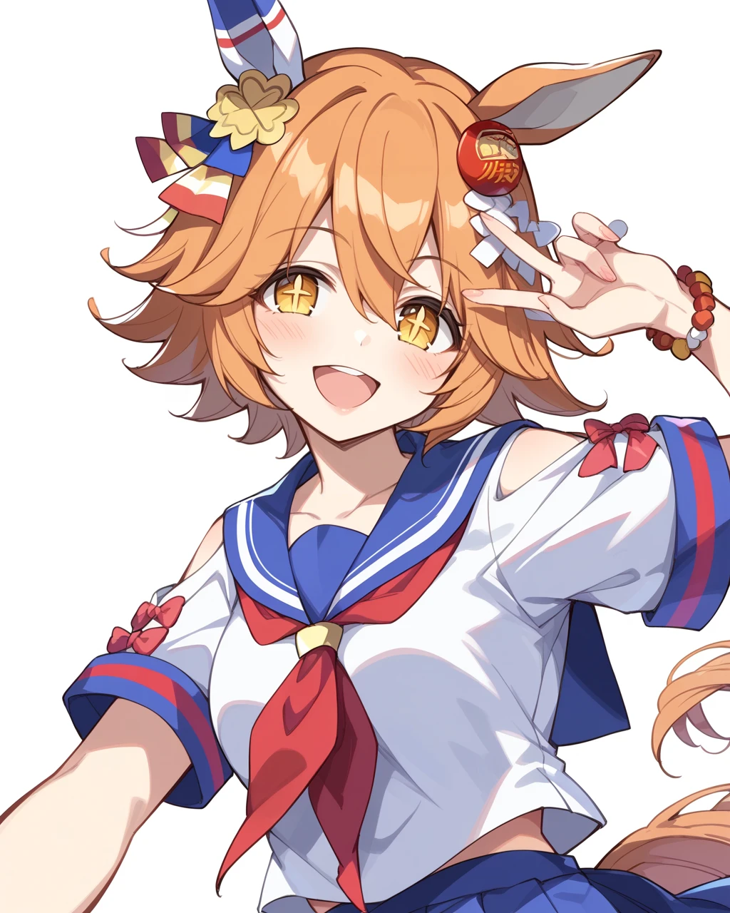 score_9,score_8_up,score_7_up,2D animation style,source_anime,anime screencap,rating_explicit,best quality,masterpiece,Japanese Anime Style,solo,smile,looking at viewer,white background,<lora:uma_matikanefukukitaru_ponyxl:0.8>,matikanefukukitaru (umamusume),orange hair,short hair,yellow eyes,cross pupils,+_+,horse ears,single ear cover,horse tail,horse girl,school uniform,serafuku,blue sailor collar,clothing cutout,shoulder cutout,short sleeves,white shirt,red neckerchief,bead bracelet,blue skirt,pleated skirt,ema,ribbon-trimmed legwear,bust,open mouth,hand up,