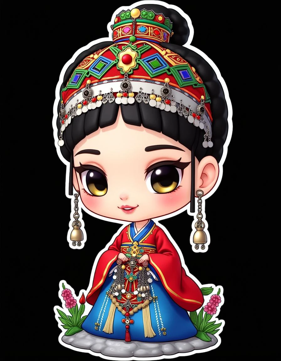 a woman in traditional outfit, sticker, chibi cute 3d, rendered, Korean pond, light-weight (Male Pixie:1.2) , Edgy, Calotype, ((with a face)) , with white perimeter, black background, sweet, <lora:Tasfift_Flux.safetensors:1> adrr-tsfft, sublime, dynamic cinematic perfect background, highly contrasted, deep rich colors, stunning detail