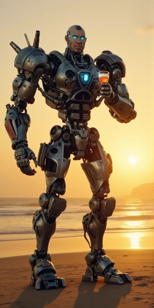 Grewishka, a giant bald science fiction robot with a white man face and blue eyes, is having a cocktail on the beach by sunset   <lora:Grewishka:1>