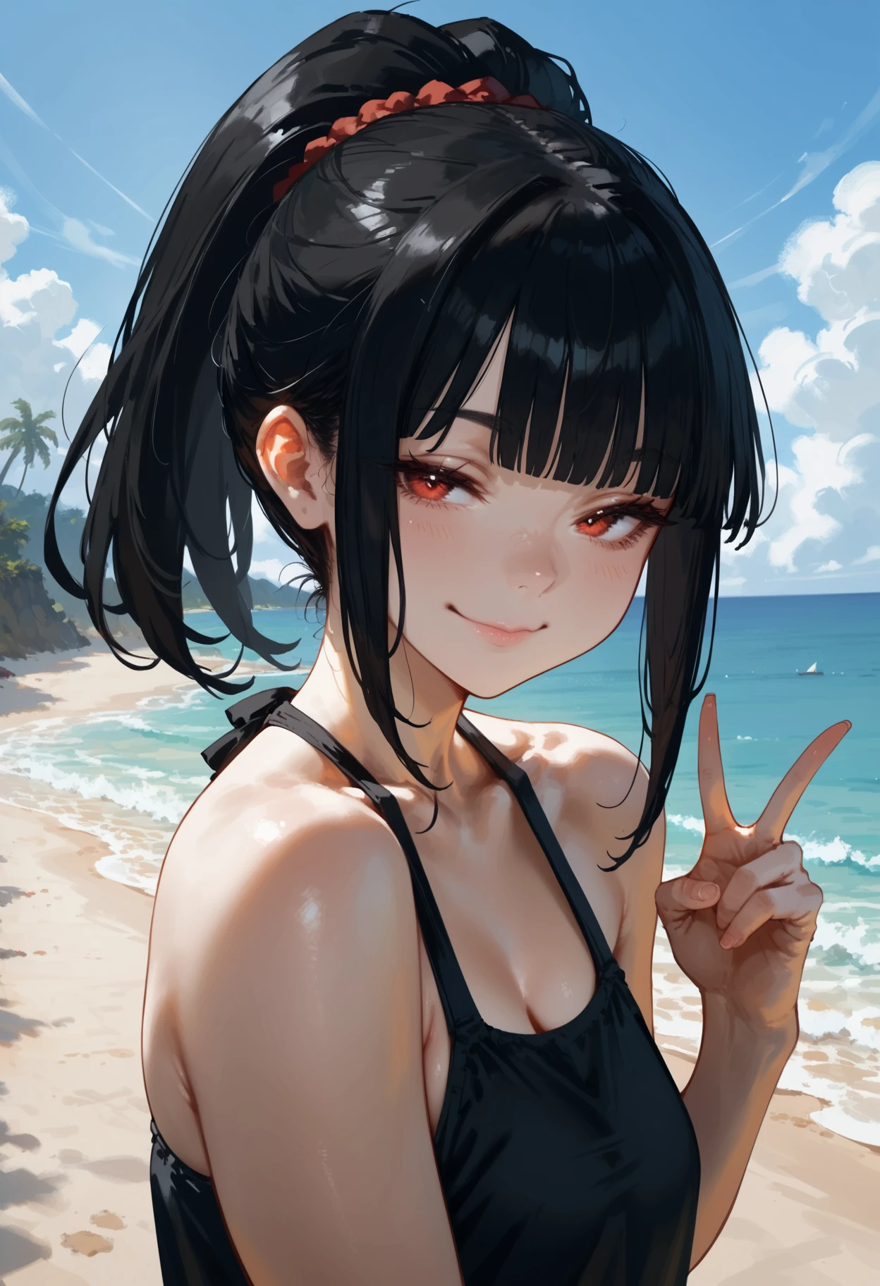 score_9, score_8_up, score_7_up,score_6_up, score_5_up, score_4_up, 1girl, black hair, ponytail, red eyes, blunt bangs, sidelocks, half-closed eyes, smile, closed mouth, v, beach,