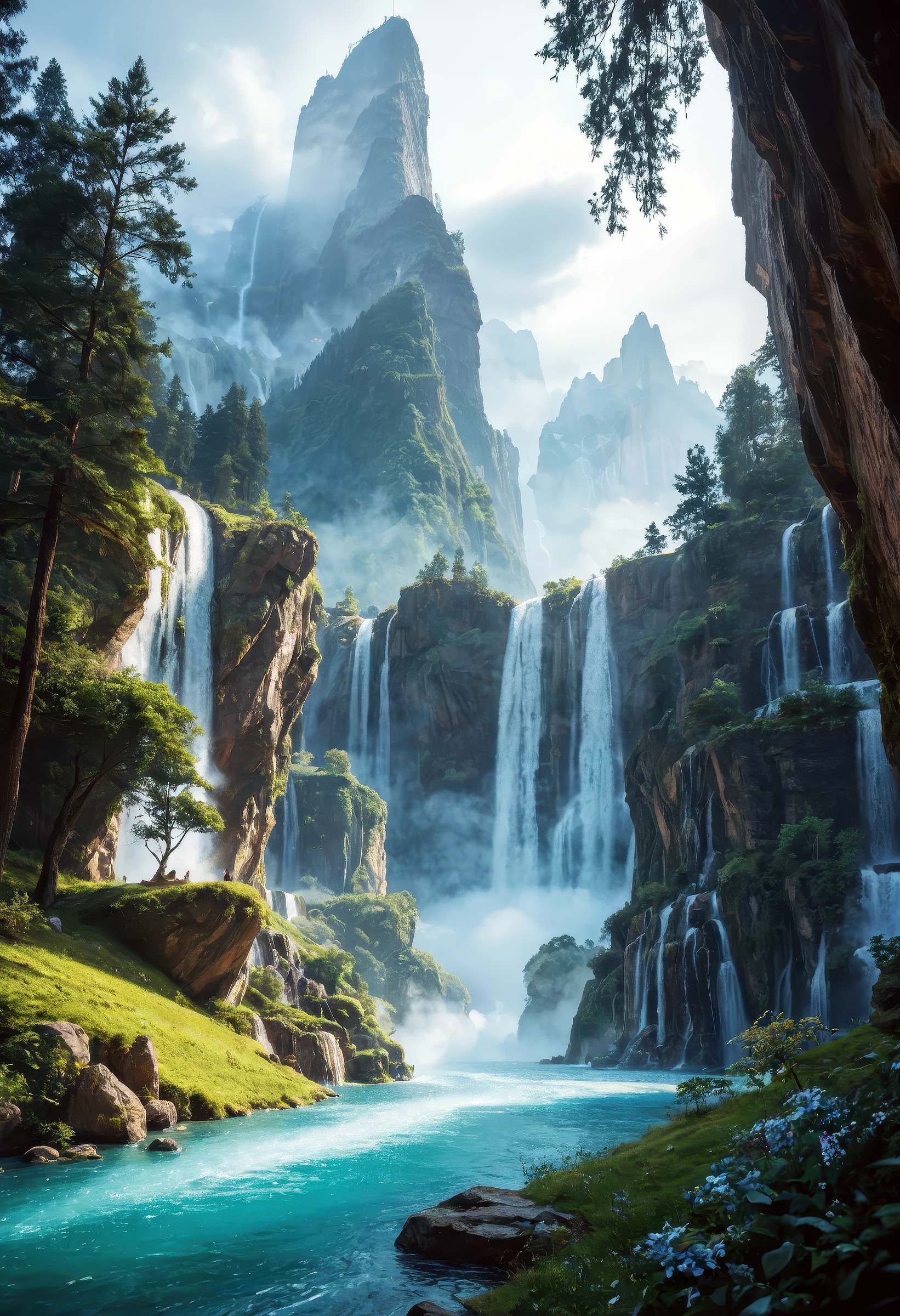 score_9, score_8_up, score_7_up, masterpiece, (best quality:1.2), magnificent, maximum details, extremely hyper aesthetic ancient sacred waterfall with mystical energy and glowing mist dream scenery art, landscape