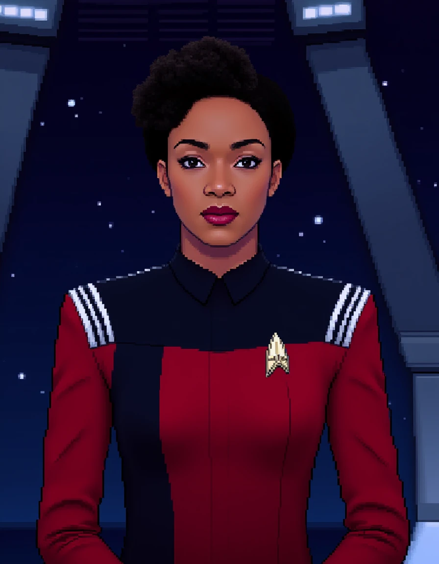 pixel-art breathtaking   <lora:burnham-flux:0.8> captain, michael, burnham, startrek, discovery, woman, with, shirt, uniform, starfleet red discovery uniform, futuristic background, space-themed imagery , pixelation, old video game style . low-res, blocky, pixel art style, 8-bit graphics