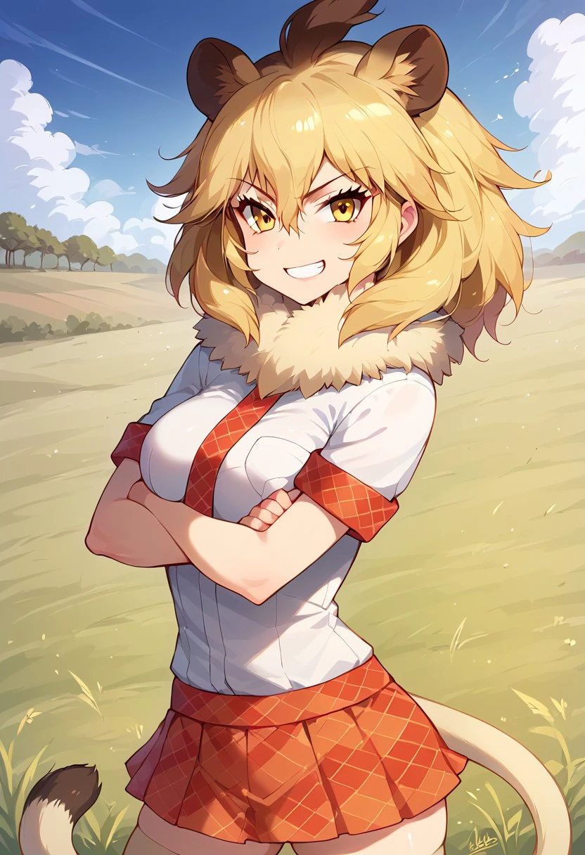 1girl, ((solo)), best quality, ultra-detailed, extremely detailed, perfect anatomy, masterpiece, score_9, score_8_up, score_7_up, Expressiveh, lion (kemono friends), blonde hair, animal ears, tail, yellow eyes, long hair, hair between eyes, white shirt, short sleeves, fur collar, red skirt, plaid skirt, red necktie, plaid necktie, thighhighs, breast pocket, white shoes, standing, confident smile, glaring, confident look, looking at viewer, happy, posing, arms folded, arms crossed, outdoors, African savanna background, plains, savanna plains, dutch angle, standing proud, dynamic pose, action pose, majestic,