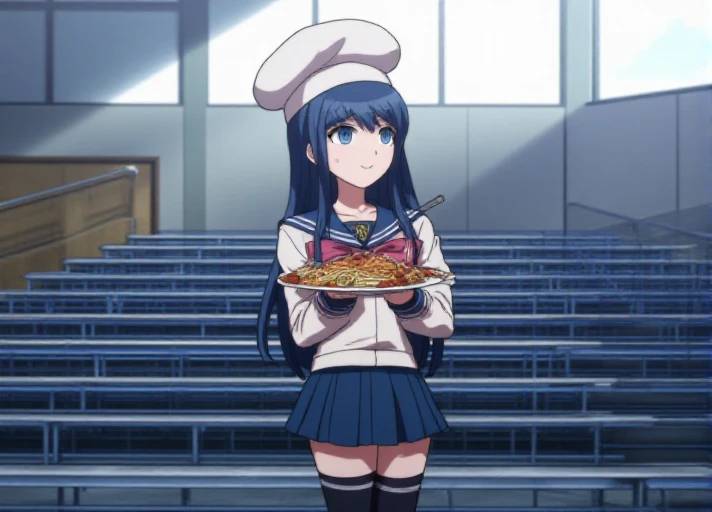 <lora:Sayaka_Maizono:1.05> Sayaka Maizono wearing her uniform from Danganronpa 1, and she is standing in the middle of the frame. Sayaka has a blue skirt and her legwear consists of navy thigh-high socks, the edges striped with a white line, and dark brown Mary Janes with silver buckles. Her school crest is printed in gold on her collar flap and her left sleeve.She is looking to the right side of the frame. She's holding a plate of spaghetti and meatballs that has a knife sticking up in the middle and has a big white chef's hat on, a toque blanche. Her expression is gleeful and she seems proud of her meal. She's standing in an auditorium that has metal bleachers. The walls are gray and the bleachers are a dark blue. The image is a screencap from the anime Danganronpa: The Animation. The lighting is bright with the sun shining down from a window. Sayaka's full body is in the frame.