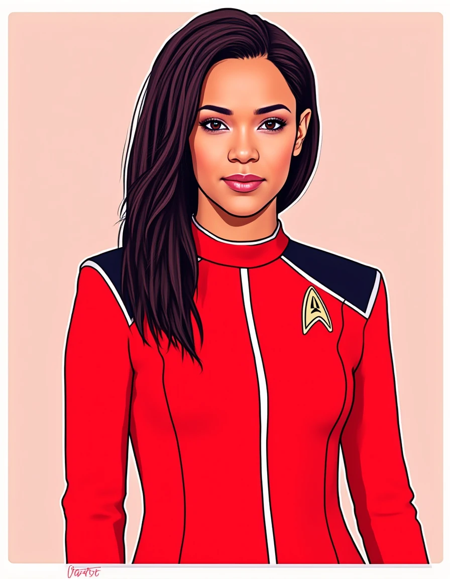 line art drawing Simple Vector Art, breathtaking   <lora:burnham-flux:0.8> captain, michael, burnham, startrek, discovery, woman, with, shirt, uniform, starfleet red discovery uniform, futuristic background, space-themed imagery , illustration, Vector art, Vivid colors, Clean lines, Sharp edges, Minimalist, Precise geometry, Simplistic, Smooth curves, Bold outlines, Crisp shapes, Flat colors, Illustration art piece, High contrast shadows, Technical illustration, Graphic design, Vector graphics, High contrast, Precision artwork, Linear compositions, Scalable artwork, Digital art, 2D flat, simple shapes, minimalistic, professional graphic, flat color, high contrast, Simple Vector Art . professional, sleek, modern, minimalist, graphic, line art, vector graphics