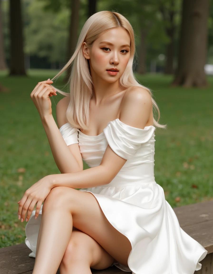 a beautiful woman sitting in the park, with flawless skin. She is wearing <lora:Fiorelia Evening Dress_epoch_5:1> dress, bare shoulders, realistic, off shoulder, strapless, strapless dress, off-shoulder dress, white dress, short dress. high heels, The lighting is soft, enhancing her ethereal beauty. Digital art, high detail, photorealistic.
 <lora:RoseF:1.2>  blonde hair, realistic, long hair, mole, parted lips