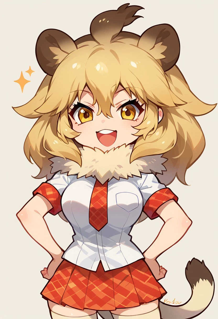 1girl, ((solo)), best quality, ultra-detailed, extremely detailed, perfect anatomy, masterpiece, score_9, score_8_up, score_7_up, lion (kemono friends), blonde hair, animal ears, tail, yellow eyes, long hair, hair between eyes, white shirt, short sleeves, fur collar, red skirt, plaid skirt, red necktie, plaid necktie, thighhighs, breast pocket, white shoes,  standing, hands on hips, open mouth smile, cute look, confident look, looking at viewer, happy, posing, simple background, (chibi:1.3),