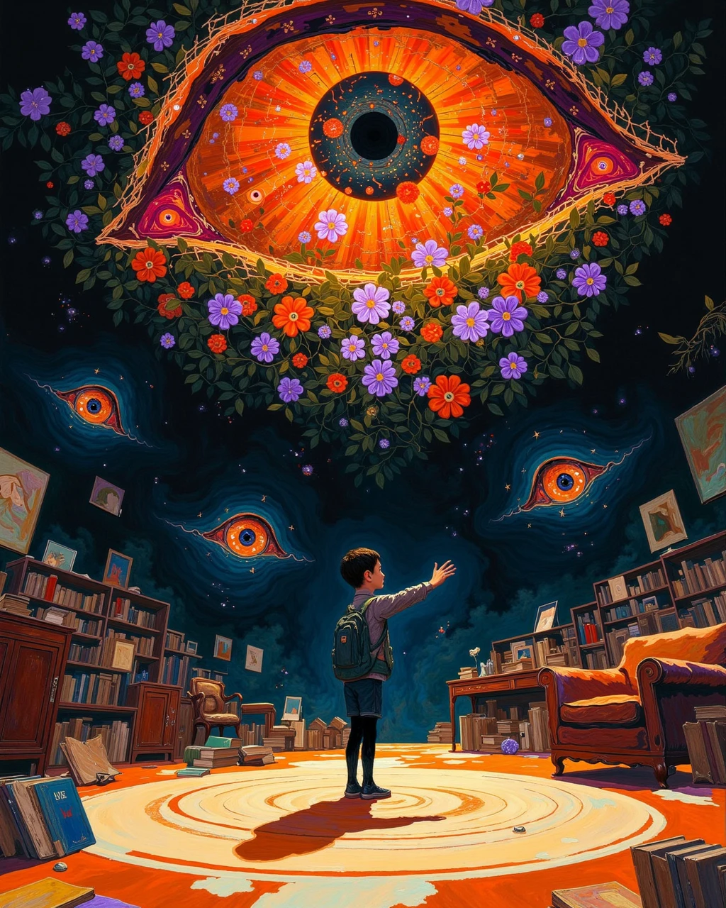 DB4RZ style painting, A person with an outstretched hand, standing on a circular platform, large orange eyes glowing in the sky, a dark and vibrant floral background with scattered books and furniture.