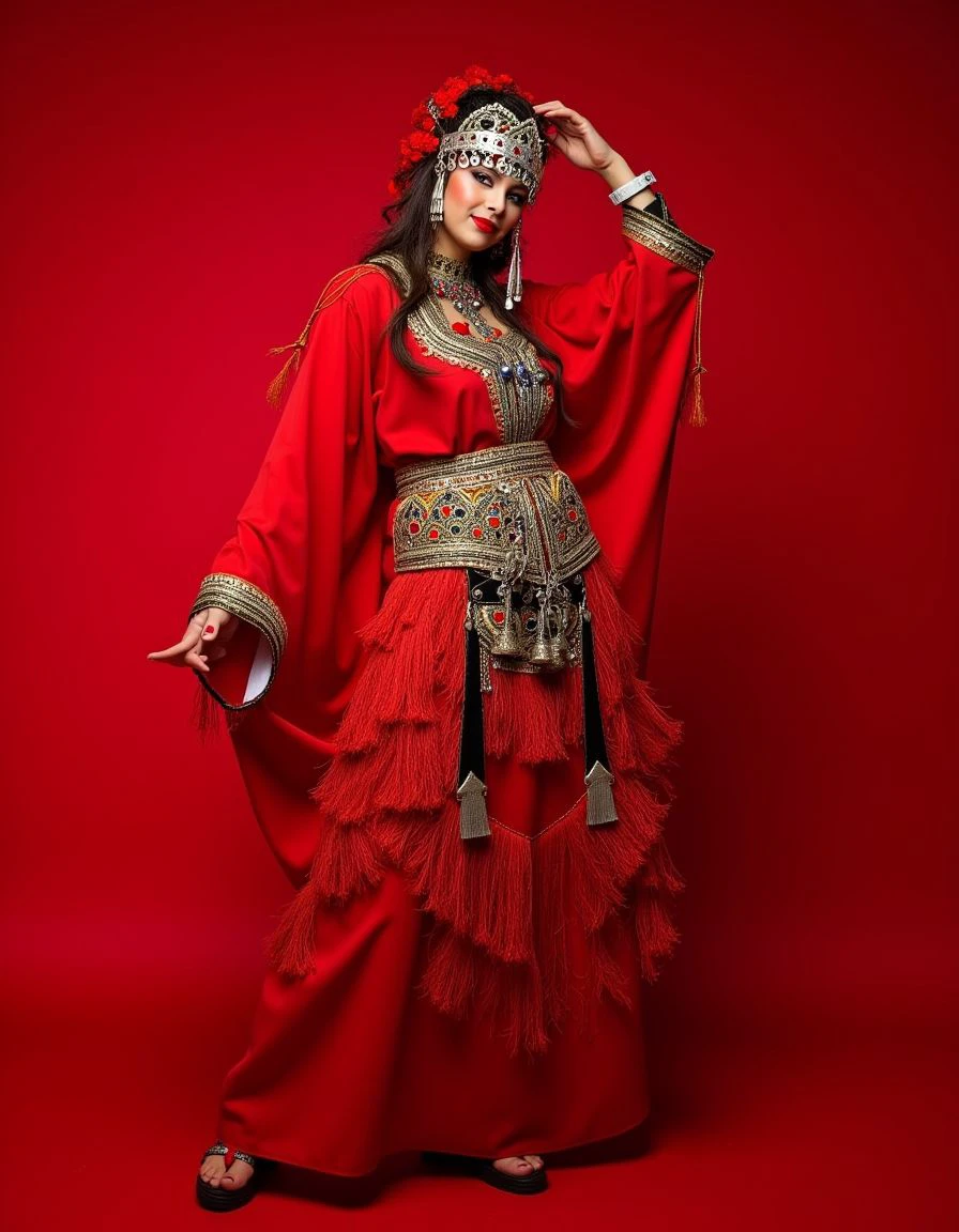 A woman in traditional outfit, (Crimson theme:0.7) , Oversized "Mana Breach", kinetic energy, Vaporwave, behance, <lora:Tasfift_Flux-000004:1>, theatrical, located artistic, professional creative, intense, positive emotional, illustrious, dynamic dramatic beautiful full taking, very, fabulous colors