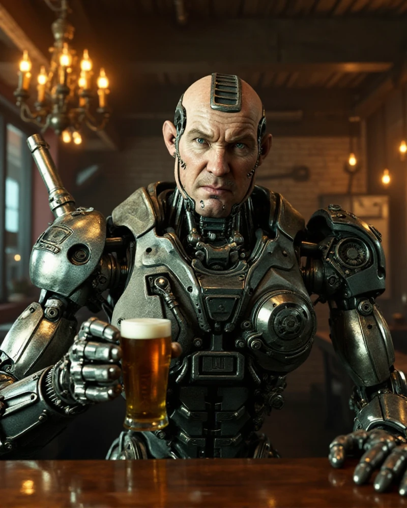 Grewishka, a giant rbald science fiction obot with a white man face,, is having a beer in a pub.   <lora:Grewishka:0.9>