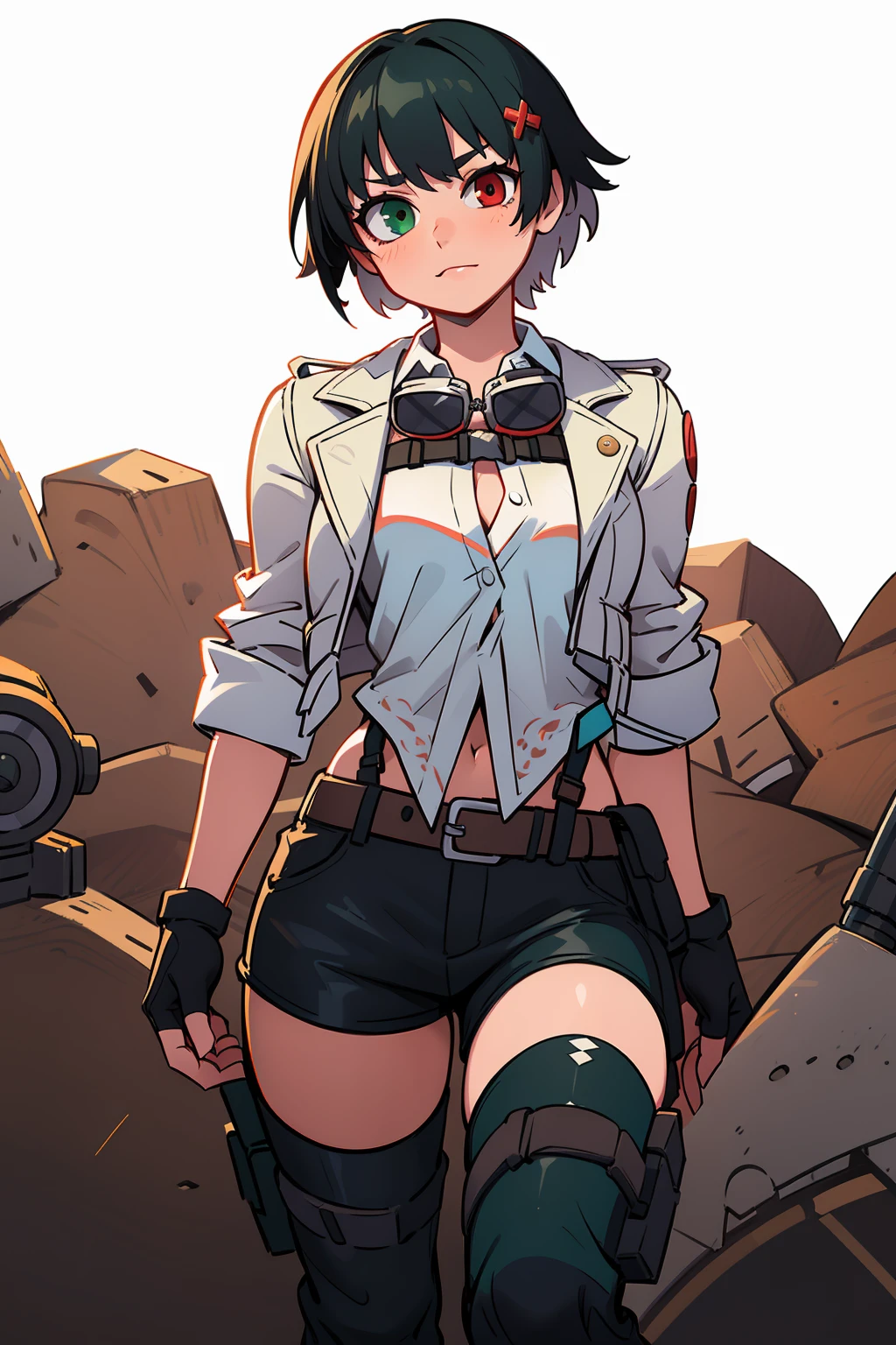 Best_QualityPos, RAW photo, intricate details, best quality, 8k uhd, soft lighting, 1girl, solo, dmc_lady, short hair, black hair, bangs, heterochromia, red eyes, green eyes, goggles, goggles around neck, white shirt, white jacket, long sleeves, sleeves rolled up, gloves, fingerless gloves, black shorts, belt, holster, thighhighs, thigh holster <lora:DMC_Lady:0.6>