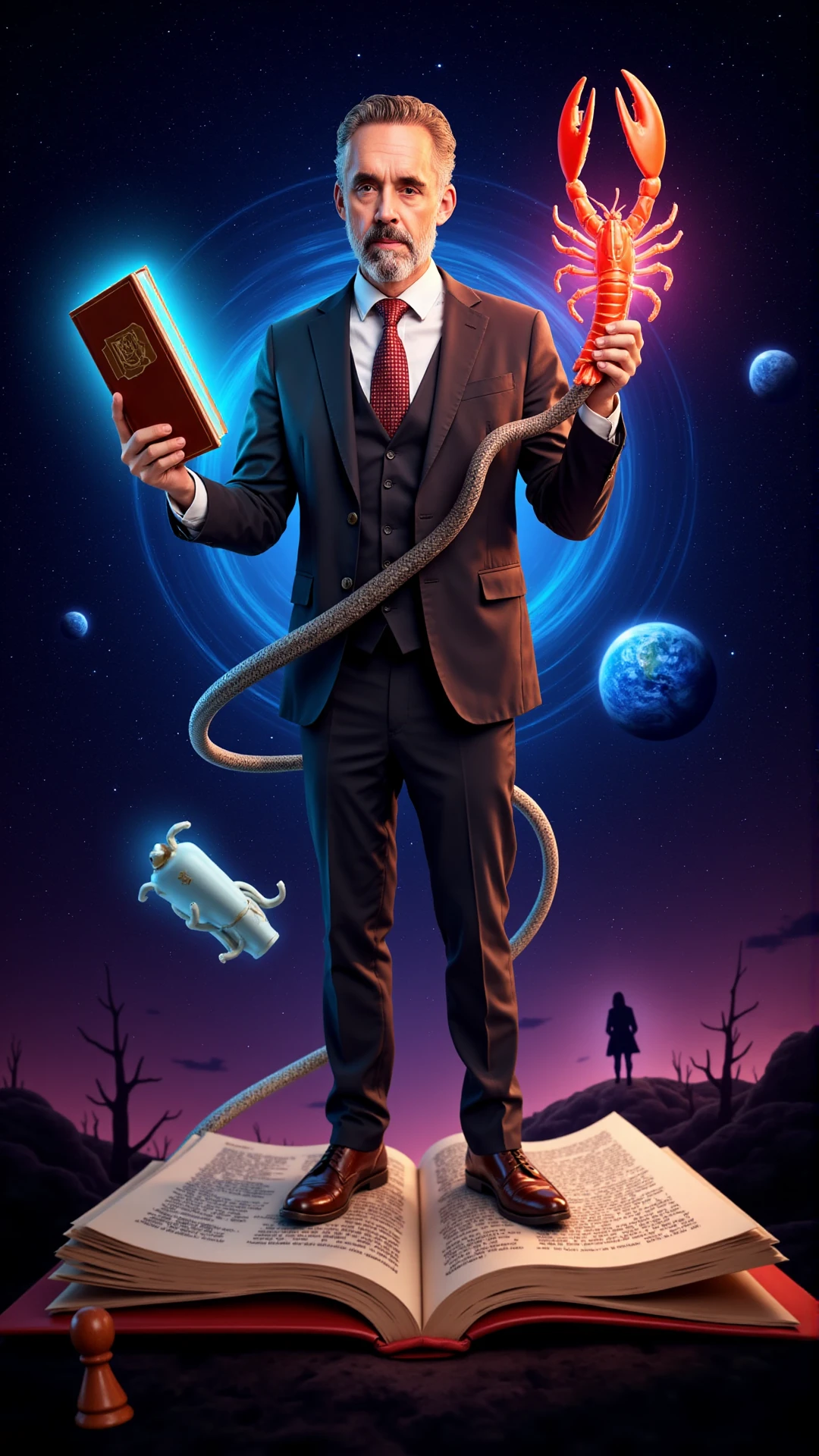 <lora:Jordan_Peterson_LoRA:1> Jordan Peterson in a bizarre dreamscape: he stands on a giant, floating book in space, surrounded by swirling galaxies. He's dressed in his usual suit, but his tie is a snake. In one hand, he holds a glowing, oversized lobster, and in the other, a luminous ancient tome. Strange symbols drift around him, and a shadowy, cosmic figure watches from the distance. The scene is surreal, colorful, and otherworldly.