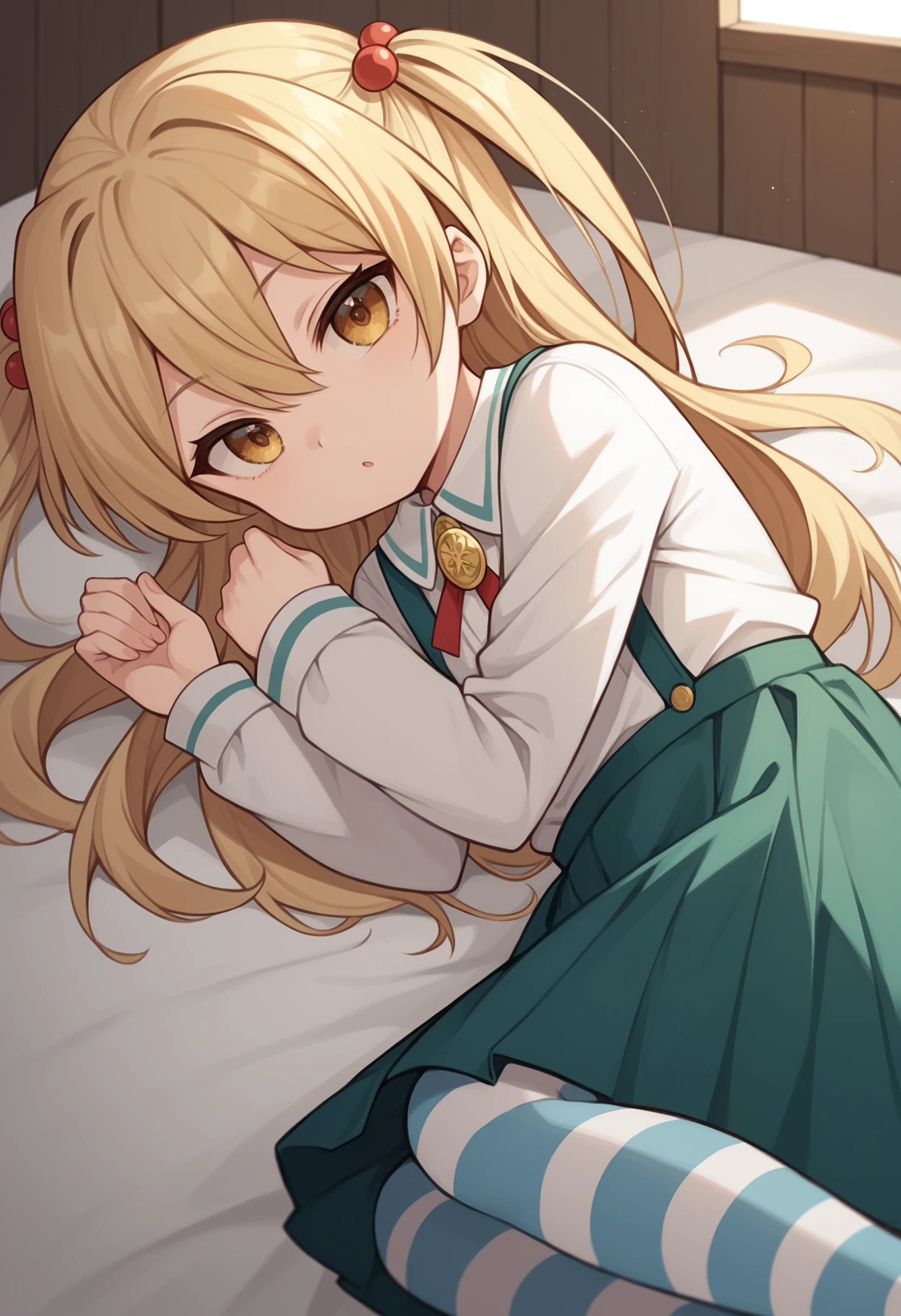 zPDXL2, score_9, score_8_up, score_7_up,
1girl, solo,   <lora:Himeki-23:1>Himeki, child, blond hair, long hair, twin tail,  golden eyes
school uniform, collared shirt, neck ribbon, gold brooch, suspender, green skirt, long sleeves, striped thighhighs,
lying, on side,