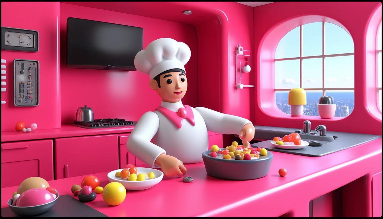 plastic3d style, robotic chef preparing a gourmet meal in a kitchen made entirely of candy