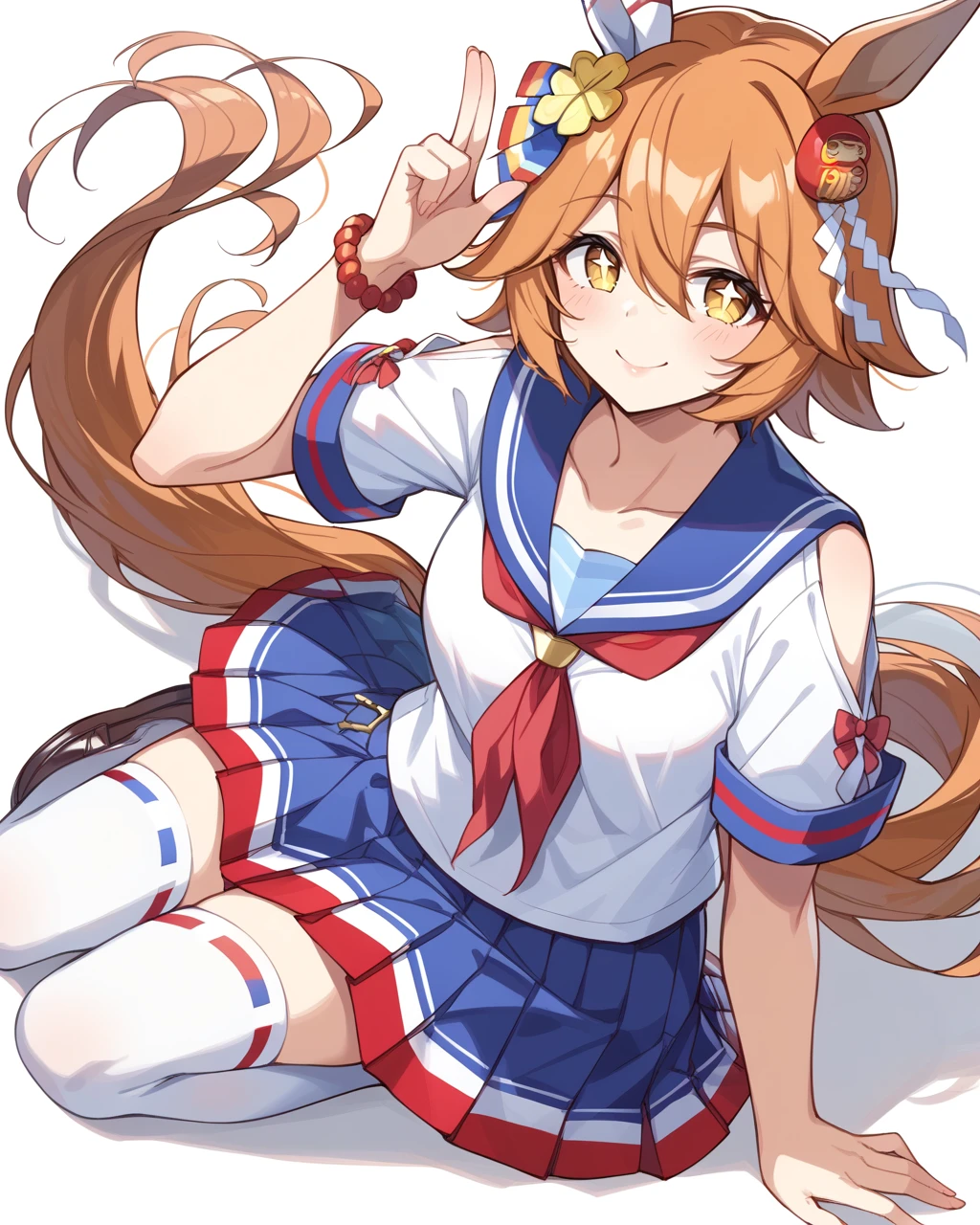score_9,score_8_up,score_7_up,2D animation style,source_anime,anime screencap,rating_explicit,best quality,masterpiece,Japanese Anime Style,solo,smile,looking at viewer,white background,<lora:uma_matikanefukukitaru_ponyxl:0.8>,matikanefukukitaru (umamusume),orange hair,short hair,yellow eyes,cross pupils,+_+,horse ears,single ear cover,horse tail,horse girl,school uniform,serafuku,blue sailor collar,clothing cutout,shoulder cutout,short sleeves,white shirt,red neckerchief,bead bracelet,blue skirt,pleated skirt,ema,ribbon-trimmed legwear,white thighhighs,brown footwear,loafers,