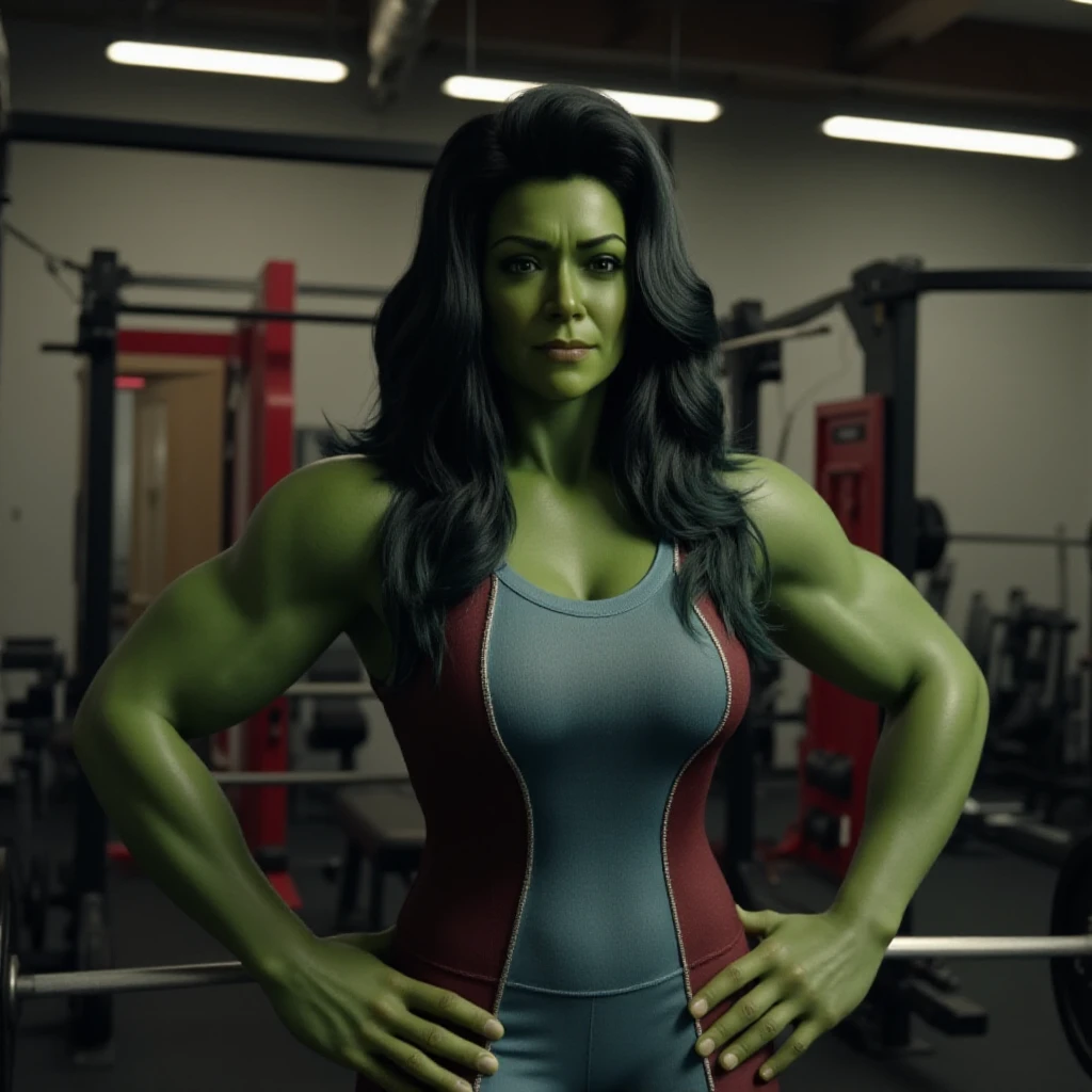 a full body photo of SheHulk,  a woman with green skin and dark hair, She wears a tracksuit and is weightlifting in a gym <lora:She-Hulk:0.8>