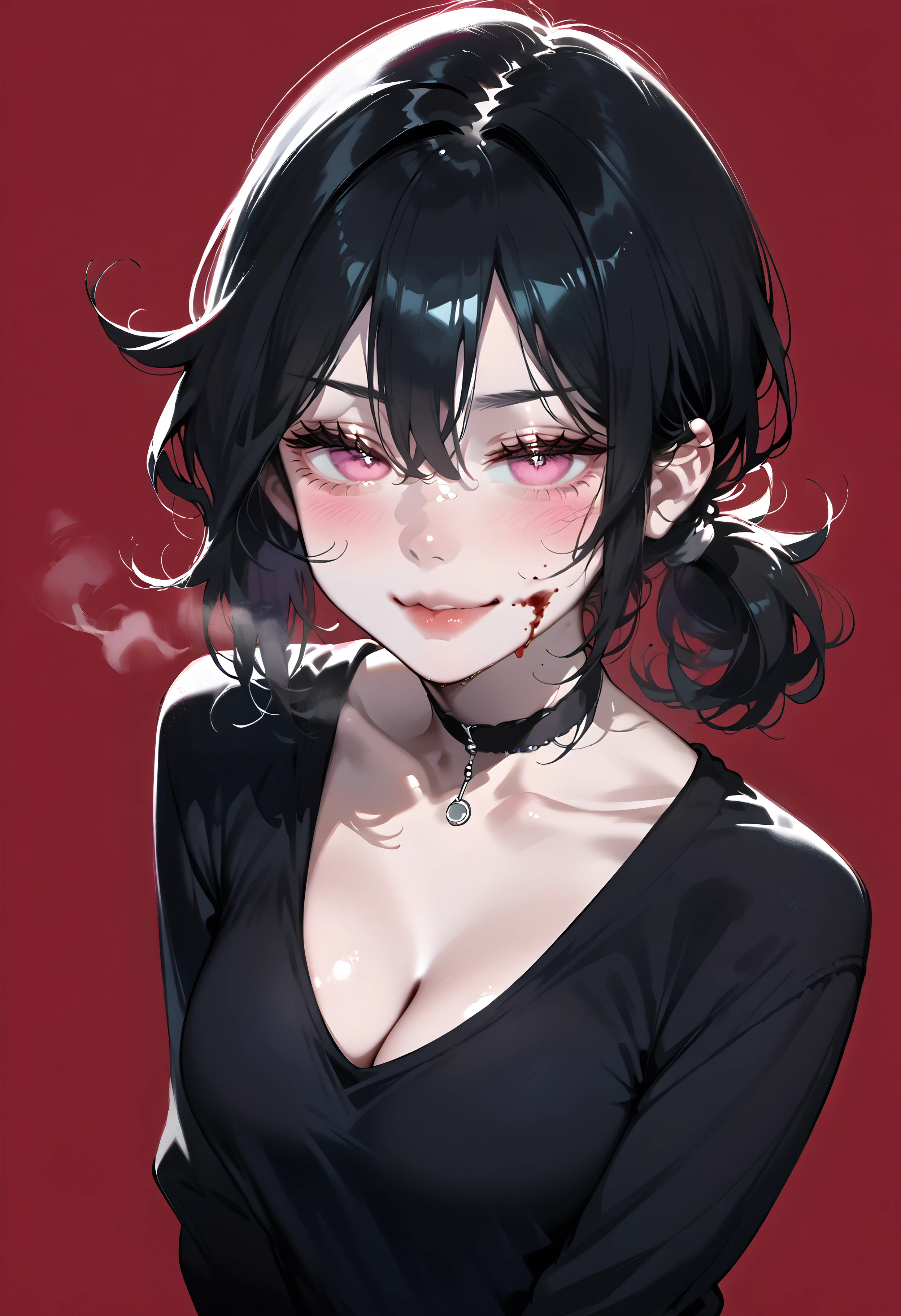 score_9, score_8_up, score_7_up, best quality, source_anime BREAK, ashley graves, ashley graves, black hair, black shirt, upper body, smug, from above, medium breasts, cleavage, blush, pale skin, red background, dim lighting, dark, blood on face, steaming body, <lora:KoreanAIStyle:1>, <lora:ponydiffusionv6_ashleygravesv8:1>,