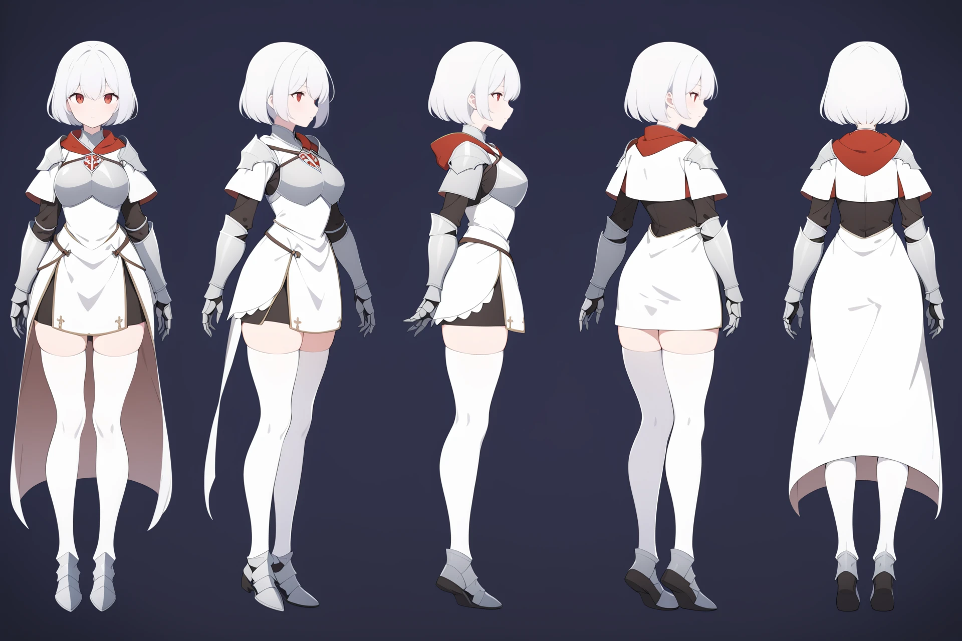 (VIEWS:0),  full body character turnaround of 1girl, Multiple views of the same character in the same outfit,  simple background, white background,
(theme:0),  medieval, fantasy, Dungeon And Dragon,
(rank:0),female warrior, armored character, silver armor, red accents, tunic, white thigh-high stockings, black leg guards, red cape, white bob haircut, short hair, medieval-inspired attire, detailed armor, fantasy character,
<lora:bg3TurnXL_v1_pony:0.1>
<lora:Witcher3turn_v1_Pony:0.1>
<lora:medieval2turn_v1_Pony:0.1>
<lora:CharTurnXL_v4_Pony:0.1>
<lora:bg3TurnXL_v1:0.1>
<lora:Witcher3TurnXL_v1:0.1>
<lora:Medieval2TurnXL_v1:0.6>
<lora:CharTurnXLRetag_v4:0.1>