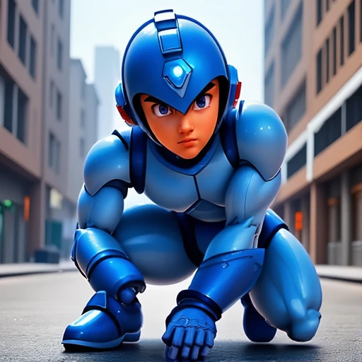 megaman, kneeling on a street, street level, blue robot, 3d++, smooth, high details, masterpiece, 4k, (handsome teen face), (realistic face:1.5), (high detailed face:1.5), (high detailed eyes:1.5), (serious), (focused)