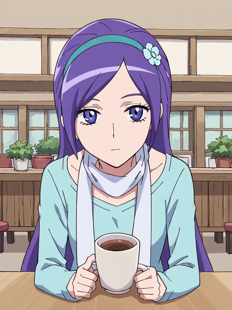 score_9, score_8_up, score_7_up, 
1girl, aono miki, long hair, purple hair, purple eyes, blue hairband, flower hairband,

looking at viewer, narrowed eyes, expressionless,

sitting, pov, across table, cafe, coffee mug,

white scarf, blue t-shirt, long sleeves, bow,