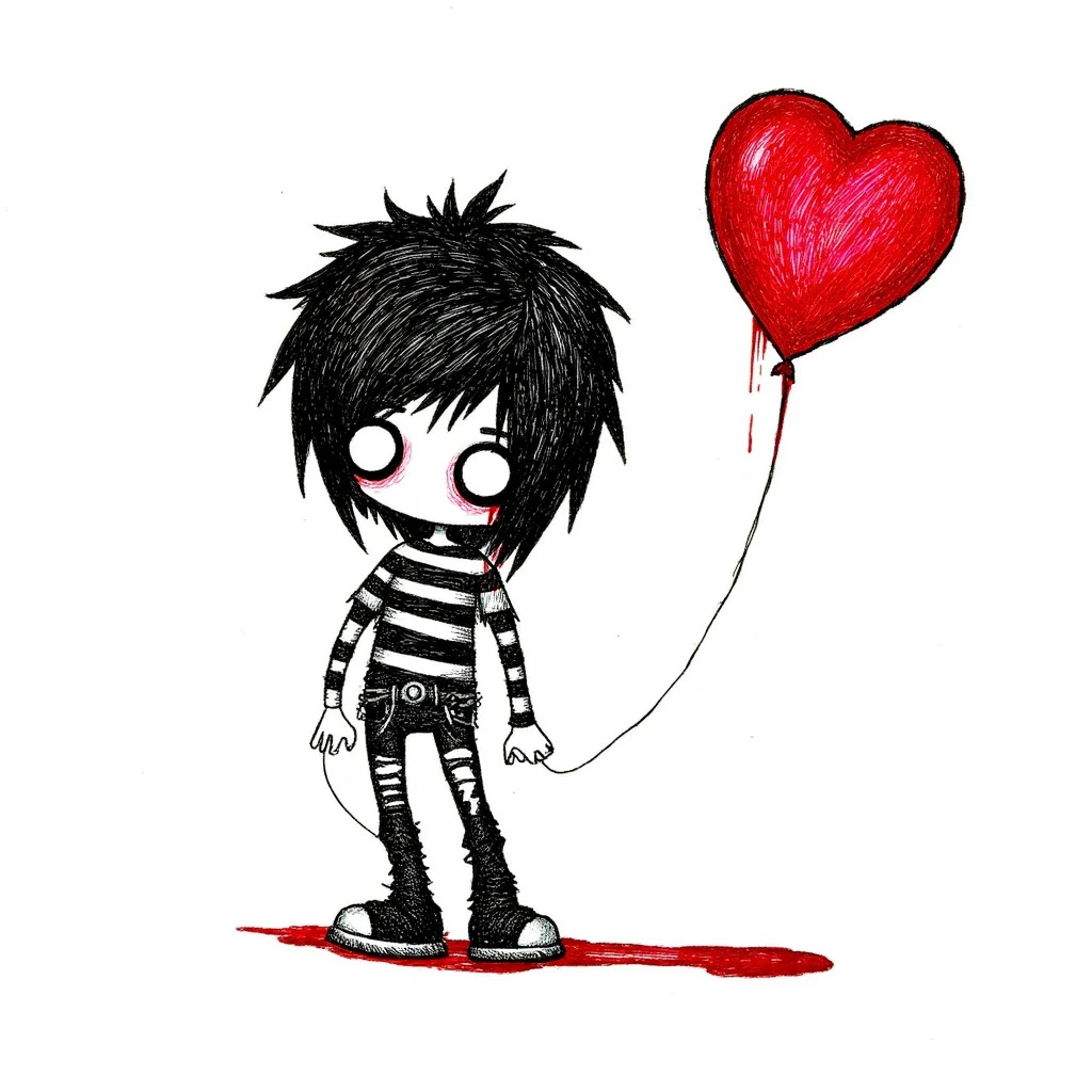 2000's emo art. A chibi boy with a striped shirt, torn jeans, and black hair, holding a red heart balloon dripping blood. <lora:2000's Emo Art (Flux Dev)_epoch_10:1>