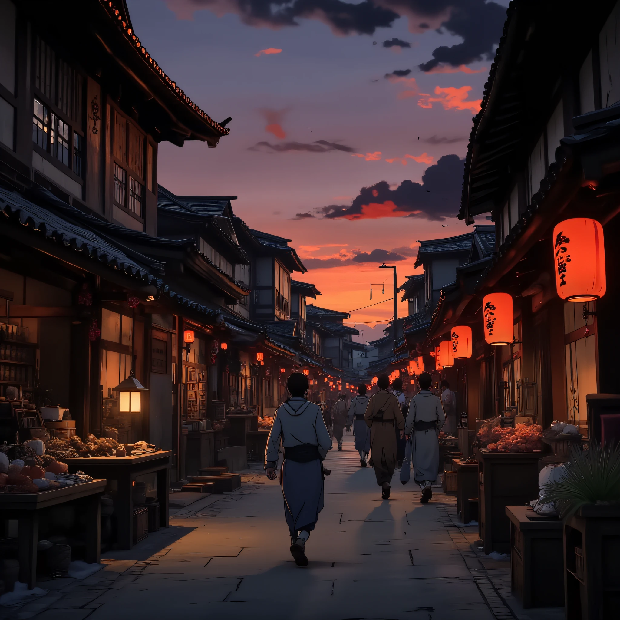 EdoEraAnime, A bustling Edo-era marketplace lit by warm lanterns at dusk, with street vendors selling goods and people in traditional clothing walking through the narrow streets. The sky is a gradient of purples and oranges