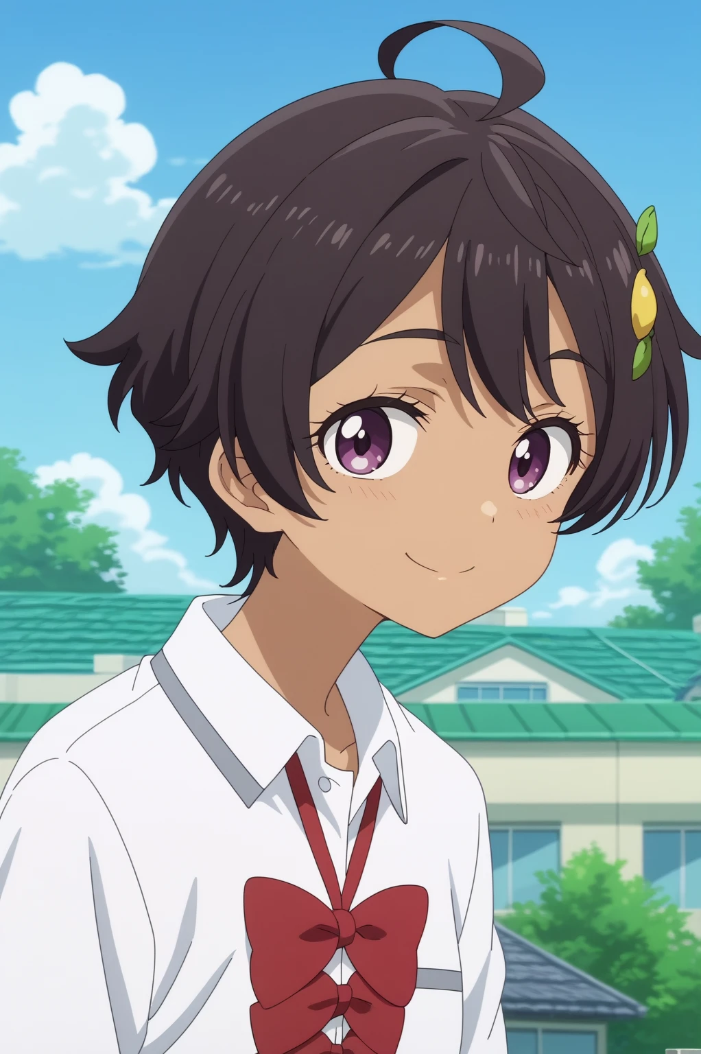 lemon yakishio,anime screencap,1girl,solo,shirt,short hair,ahoge,red bow,bow,white shirt,short hair,hair ornament,school roof,outdoors,sky, looking at viewer,smile,tan skin <lora:Lemon_Yakishio -PDXL2:0.8>