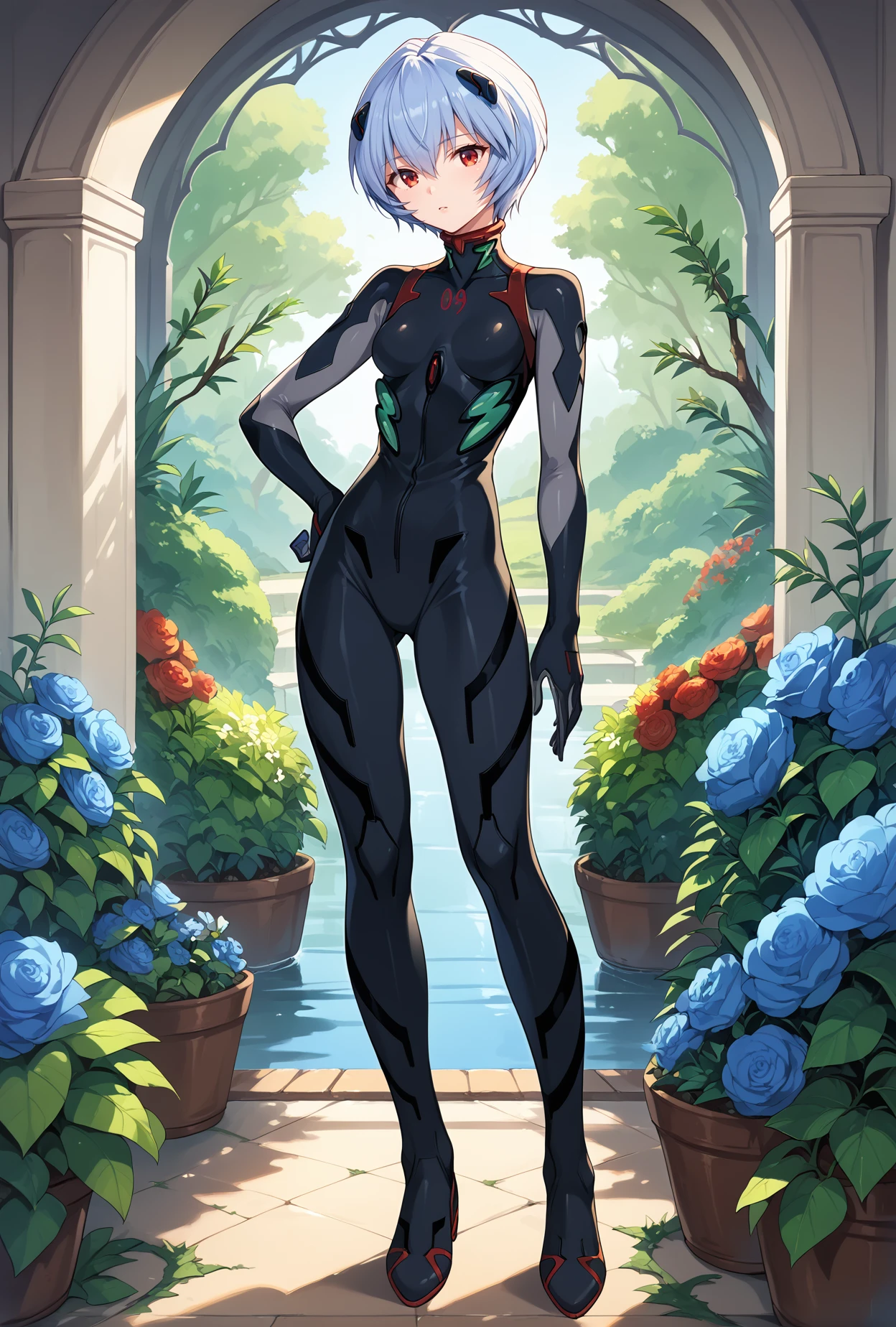 score_9, score_8_up, score_7_up, score_6_up, score_5_up, score_4_up,
ayanami rei, blue hair,red eyes,full body,
evasuit09,plugsuit, black bodysuit,
garden,standing,hand on own hip, arm at side,<lora:Evasuit09XLPony:1>