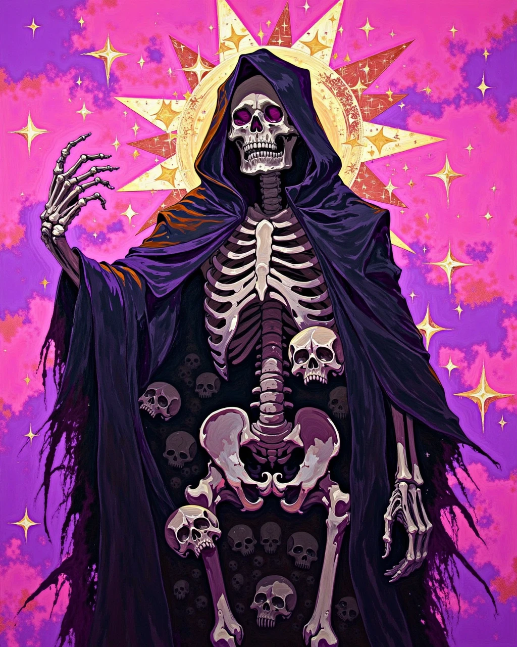 DB4RZ style painting, hooded skeleton figure, dark cloak, numerous skulls, outstretched hand, radiant halo, pink and purple background, scattered stars