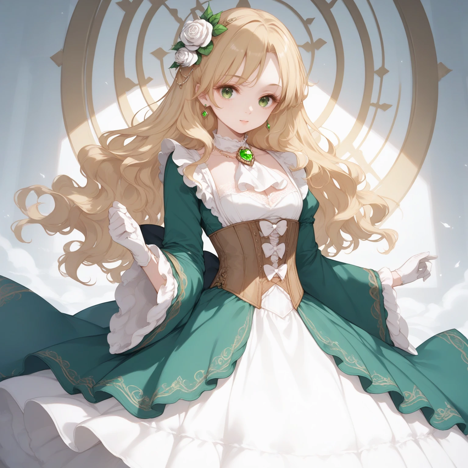 1girl,solo,
(score_9,score_8_up,score_7_up, source_anime,rating_all),
BREAK
<lora:audrey-hall-green-lotm-pony6-xl-flyingdeer-v2.0:0.8>,
AudreyHall,
blonde hair,long hair,(wavy hair:1.05),
hair ornament,(hair flower, white rose),
green eyes,
necklace,jewelry,
(bow, white bow),
(gloves, white gloves),
green gemstone,
white ascot,
brooch,frills,lace trim,
(dress, green dress, (white dress:0.9)),
corset,
(long sleeves, wide sleeves),