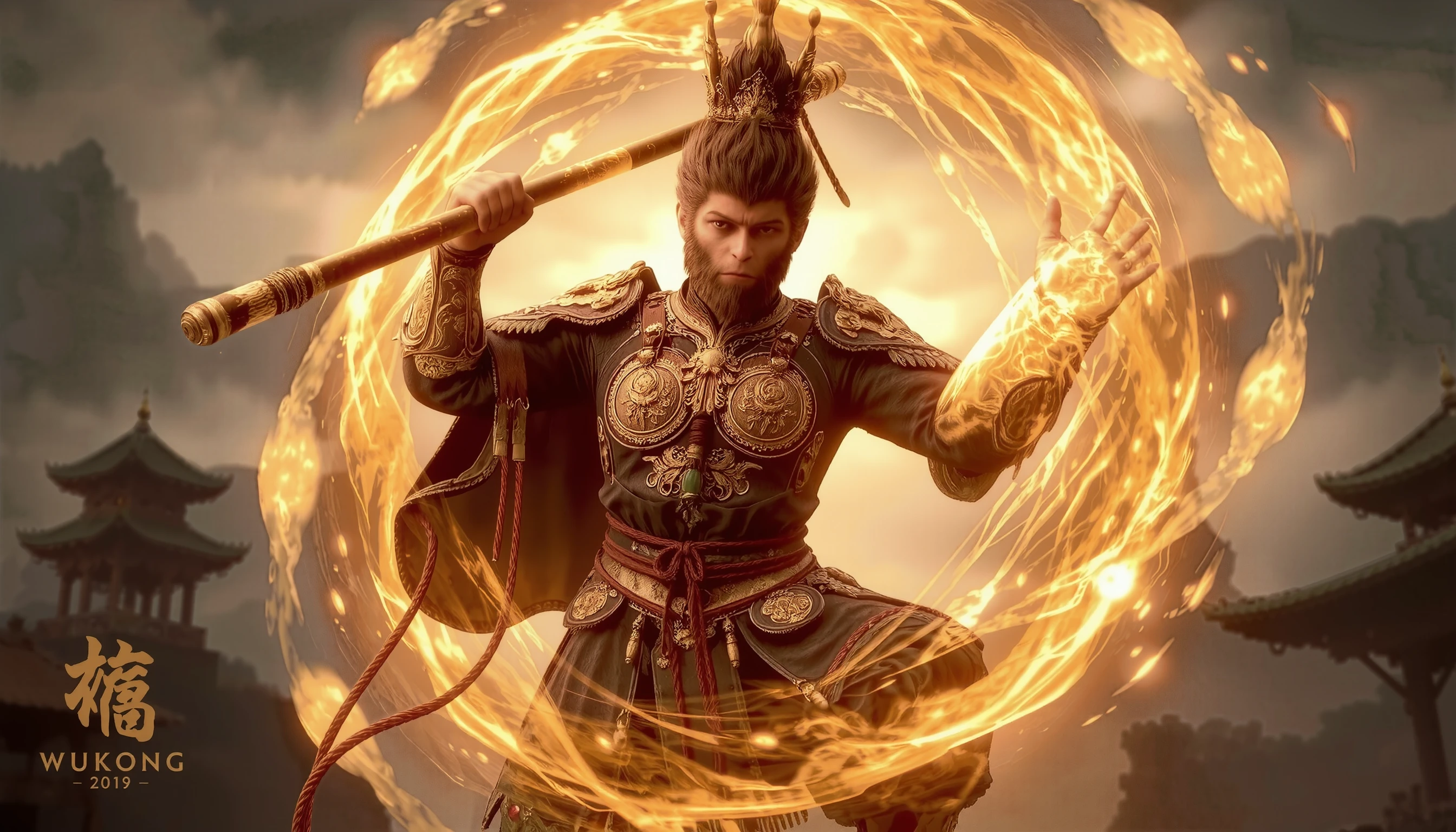 wukong ,A breathtaking cinematic wallpaper of Wukong, the Monkey King, in a dynamic pose. Ethereal golden light surrounds him as he wields his magical staff. Swirling clouds and energy patterns flow around him in vibrant hues. Hyper-detailed fur and armor textures. Epic scale landscape in the background with floating mountains and ancient Chinese architecture. Dramatic lighting and color palette inspired by Chinese mythology. Ultra-high resolution, photorealistic rendering with cinematic depth of field.