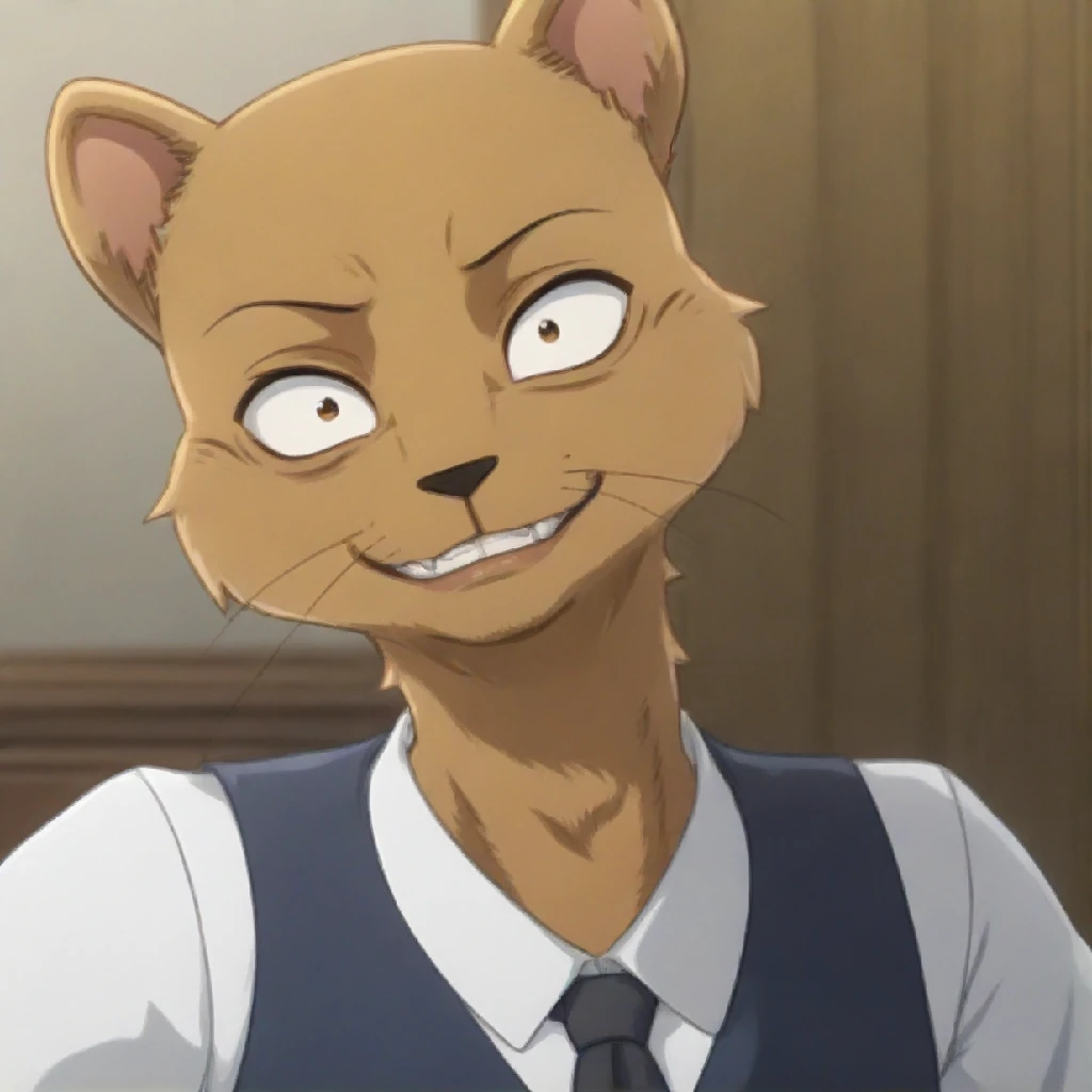 kaiBS, mongoose, anthro, looking at viewer, smirk, looking at viewer, face shot, source_anime, head tilt, teeth, inside, blurry background