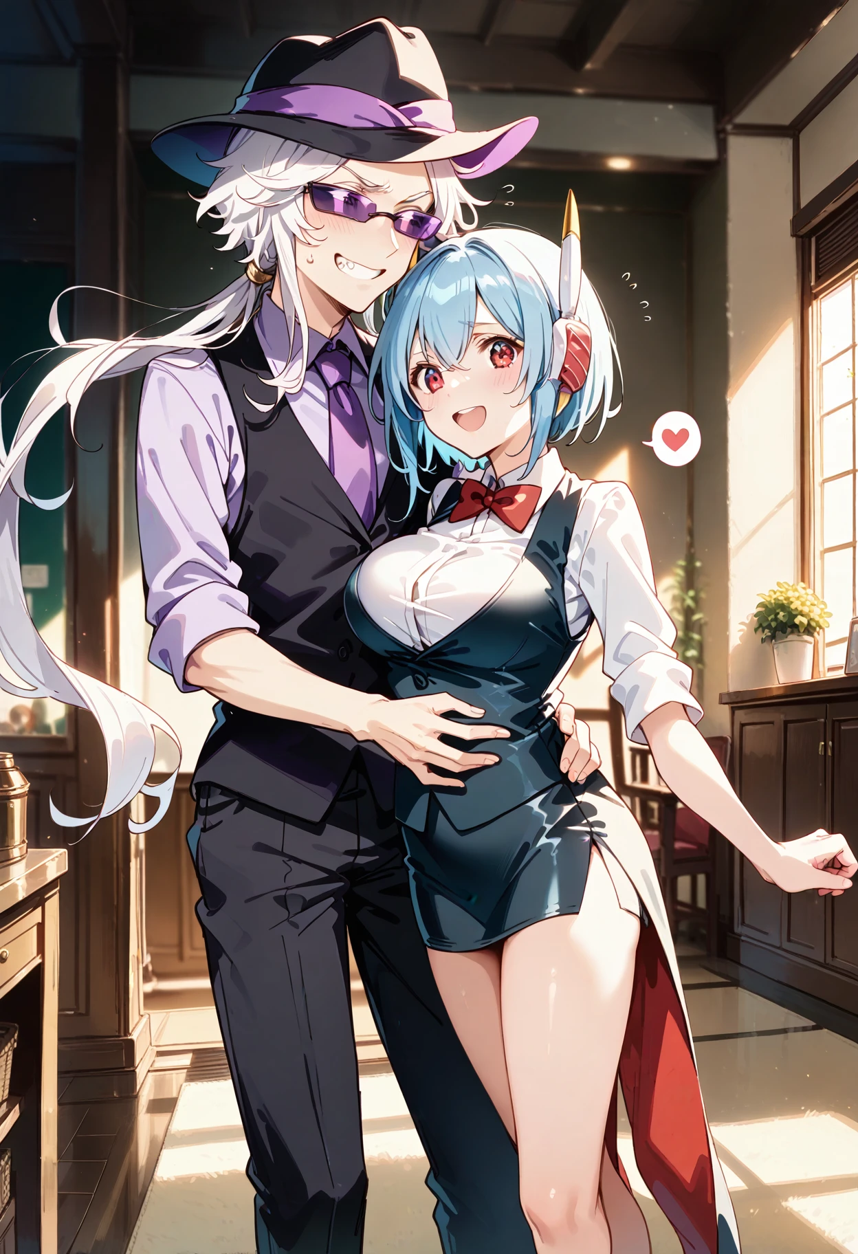 1boy,1girl,
income_ko,short hair,blue hair,red eyes,robot ears,red bowtie,vest,white shirt,sleeves rolled up,large breasts,pencil skirt,black skirt,tailcoat,
smile,spoken heart,
warui man,sunglasses,hat,fedora,black headwear,long hair,white hair,low ponytail,teeth,vest,necktie,purple shirt,collared shirt,purple necktie,sleeves rolled up,pants,black pants,
grin,open mouth,
indoor,hug_from_behind,flying sweatdrops,embarrassed,blush,
<lora:income_ko_pony:1>,(masterpiece,best quality,highres,ultra detailed,extremely detailed face,perfect lighting,beautiful skin,shiny hair,shiny eyes,eyelashes,detailed eyes),