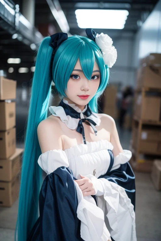 ltra-detailed,highly detailed,best quality,masterpiece,illustration, drawing, realistic, photorealistic,
miku, wangyuelifu, hatsune miku, 1girl, solo, cosplay, aqua eyes,
detached collar, bare shoulders, strapless dress,
frilled collar, neck ribbon, detached sleeves, long sleeves, wide sleeves, puffy sleeves, frilled sleeves,
bangs, twintails, very long hair, aqua hair, hair between eyes,
hair ornament, hair ribbon, hair flower,
looking at viewer, upper body,
indoors, hallway, light, warehouse,
<lora:miku_wangyuelifu_v1_08:0.6>