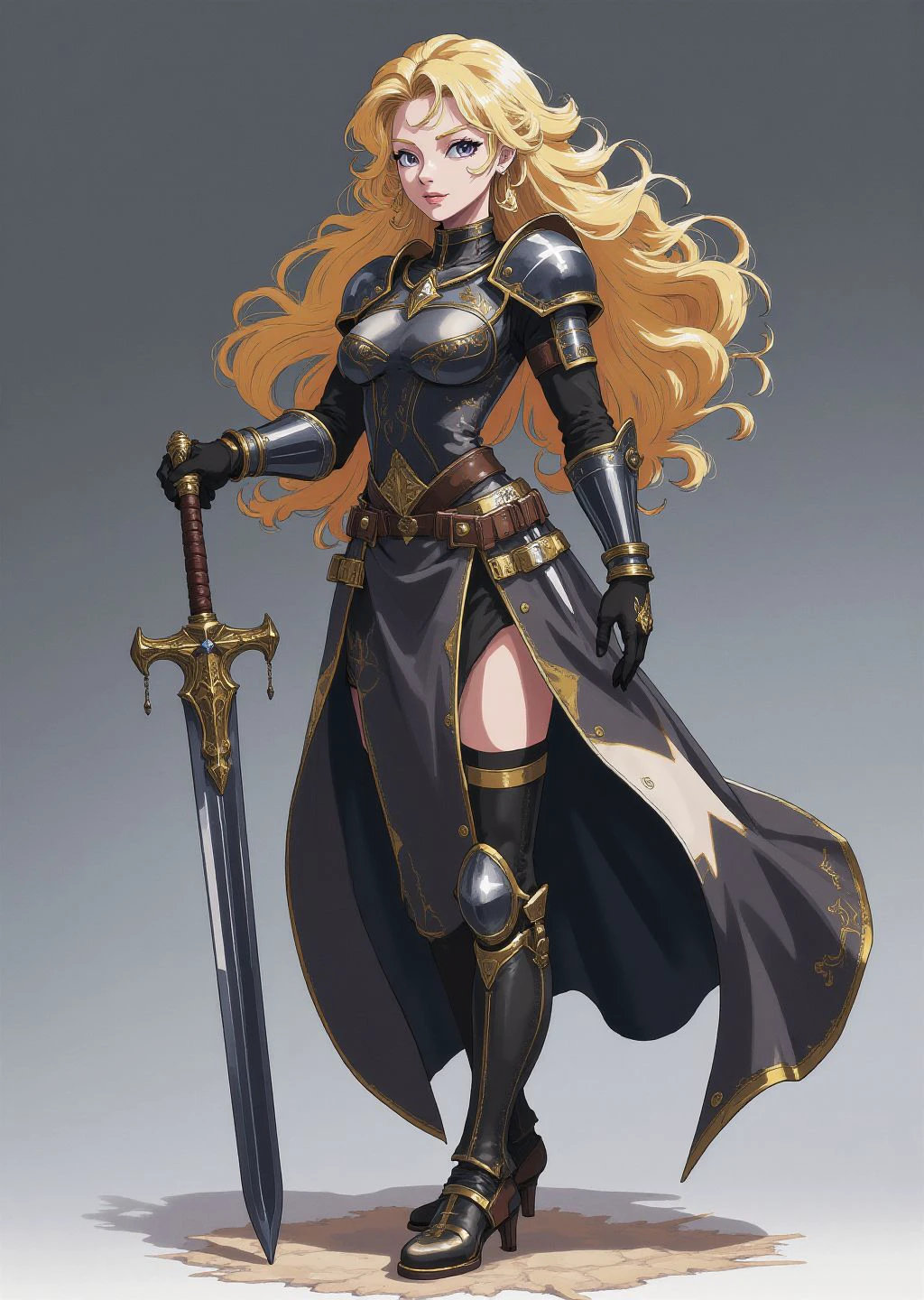 <lora:ck-flaani-flux:1> flaani, anime, full body, goddess, beautiful, woman, long curly hair, battle worn, armor, gloves, holding sword. action posing for camera.