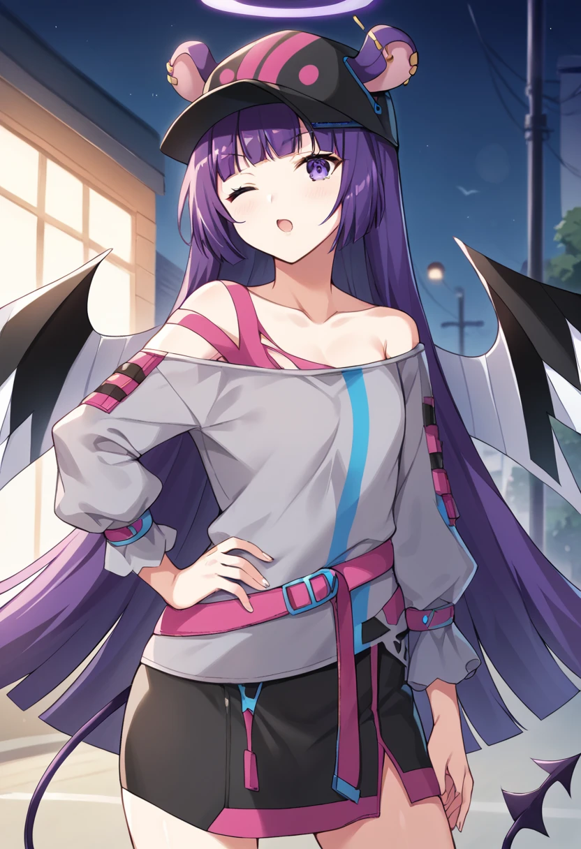 score_9,score_8_up,score_7_up,source_anime,masterpiece,best quality,game cg,1girl,solo,little_girl,shimmakk_(show_by_rock!!),halo,purple eyes,purple hair,long hair,blunt bangs,ear piercing,animal ears,wings,tail,long sleeves,off-shoulder shirt,grey shirt,puffy long sleeves,bare shoulders,black headwear,baseball cap,pink belt,black skirt,collarbone,<lora:shimmakkSB69>,cowboy_shot,looking_at_viewer,night,dynamic_angle,street,standing,hand_on_own_hip,wink,chestnut mouth,