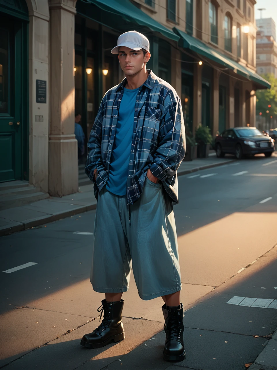 score_9, score_8_up, score_7_up, score_6_up, cartoon, boy, black eyes, 8466y5h0r75, oversized shorts, plaid shirt, blue shirt, white cap, black boots, city, solo, standing, highly detailed, cinematic lighting, aesthetic