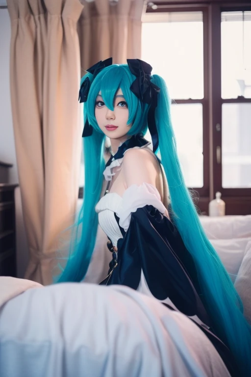 ltra-detailed,highly detailed,best quality,masterpiece,illustration, drawing, realistic, photorealistic,
miku, wangyuelifu, hatsune miku, 1girl, solo, cosplay,
looking at viewer, upper body,
indoors, bedroom, bed, window, curtains,
<lora:miku_wangyuelifu_v1_08:1.0>