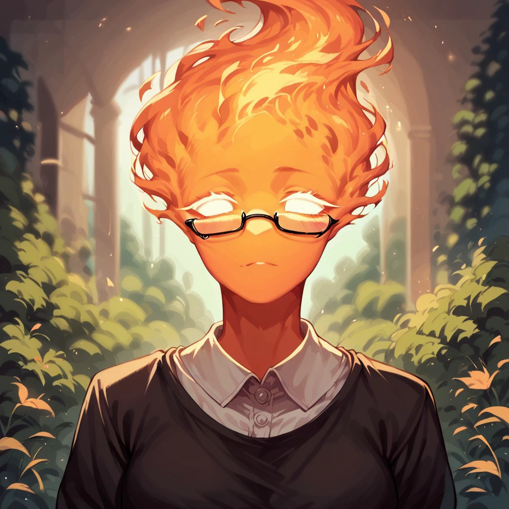 (((detailed, beautiful, high quality))), score_9, score_8_up, score_7_up, upper body,
firehuman, fiery body,
1girl, orange body, white eyes, glasses, black top, white shirt,
looking at the viewer, posing, blurred background, blurred fantasy background,