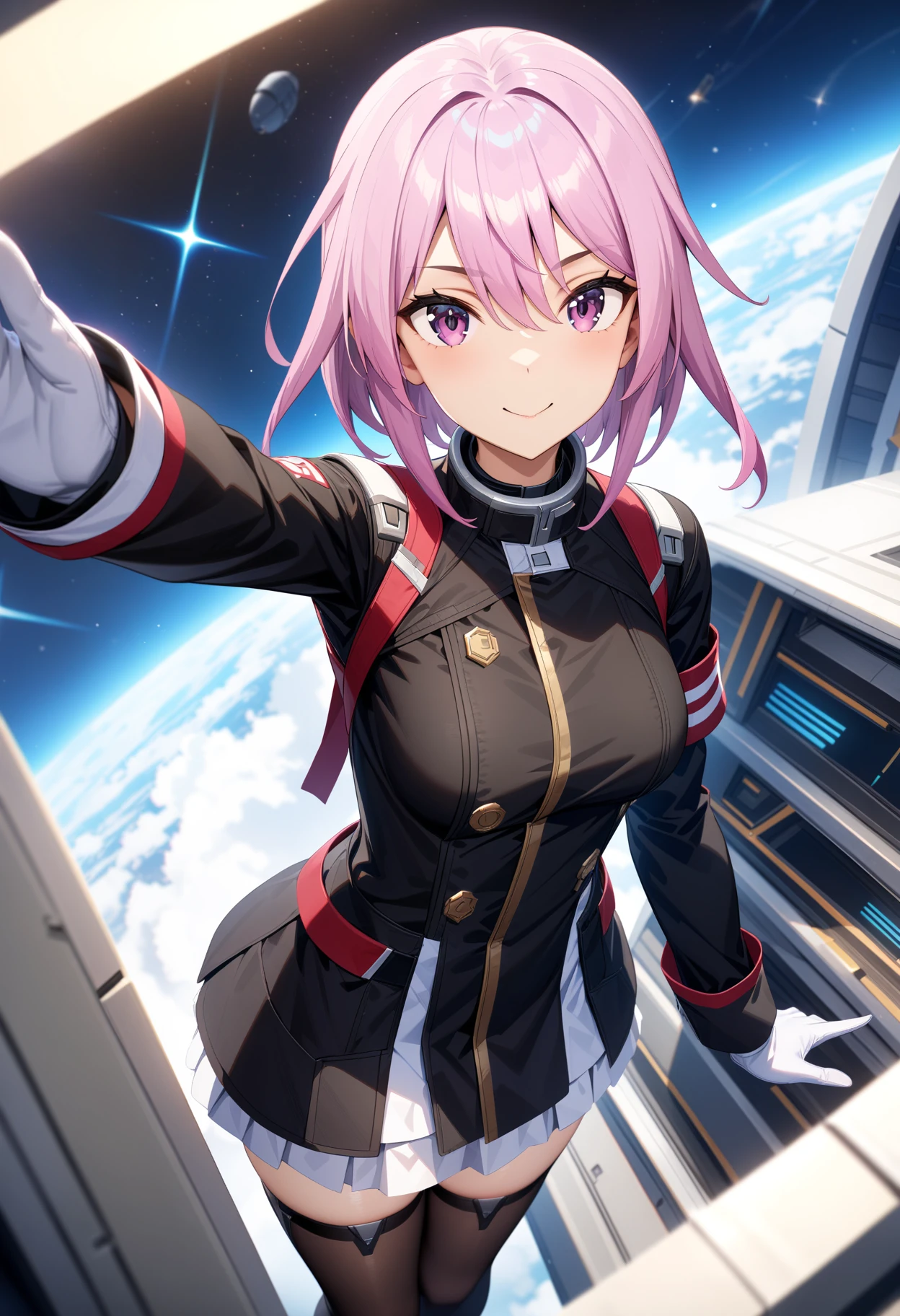 masterpiece,best quality,very aesthetic,absurdres,intricate details,rim light,1girl,
<lora:yotsuyu_v1.1:1>,yotsuyu,black jacket,white skirt,white gloves,black thighhighs,black footwear,<lora:Fixhands_anime_bdsqlsz_V1:1>,
light_blush,smile,Space Station,starry_sky,flying,looking_at_viewer,cowboy_shot,, masterpiece,best quality, very aesthetic, absurdres, ultra detailed, high resolution, 4k, extremely detailed CG,