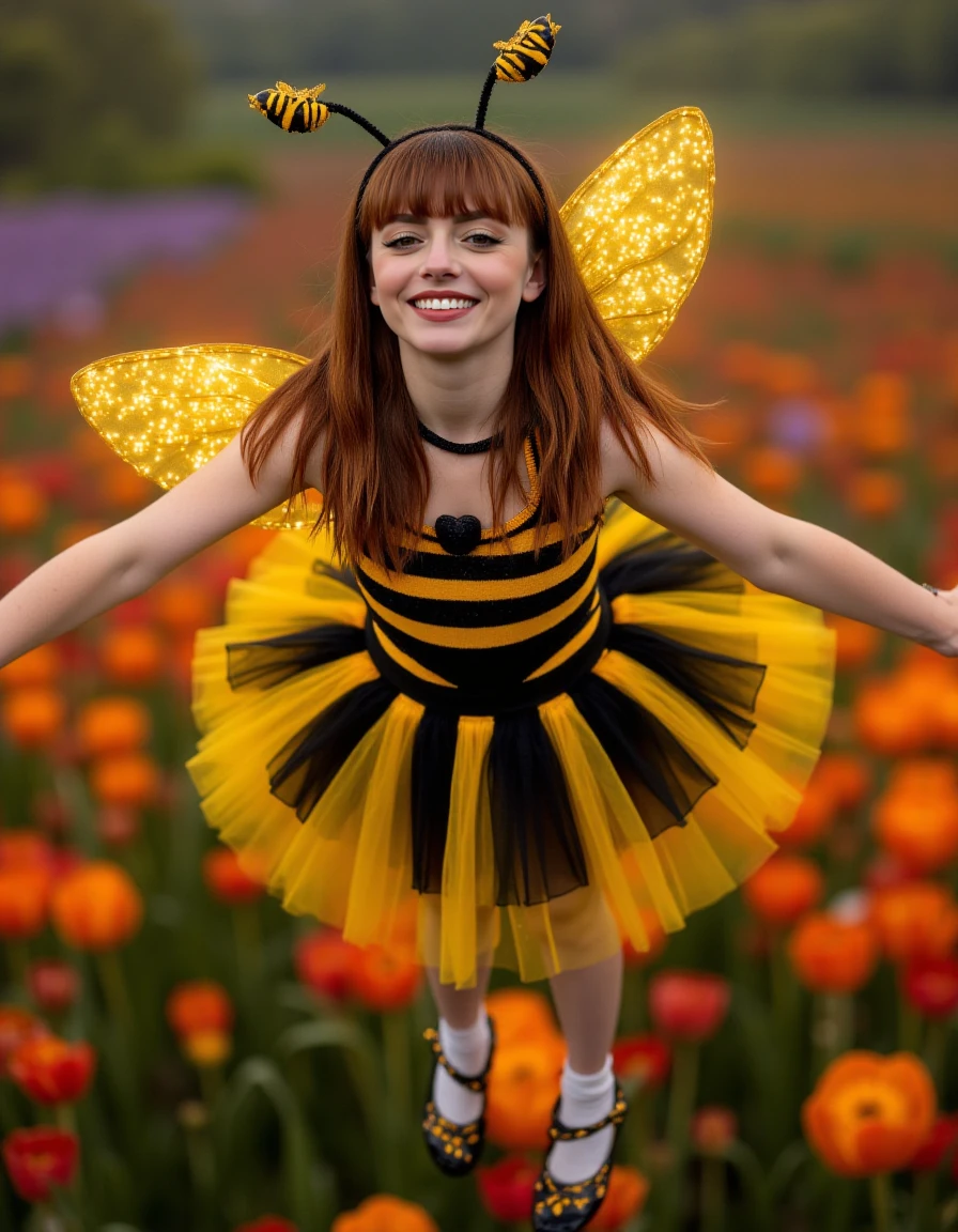 <lora:AnnalisaSC:1>
full body photo of AnnalisaSC adult woman with straight bangs and long reddish-brown hair.
She is wearing a striped black and yellow bee costume with a tutù and ballerina shoes.
The background is full of colorfull flowers that emits glowing pollen.
The woman is has an happy smile and is flying with her little wings.
Surrealist photorealistic atmosphere, high quality photo with film grain and lens glare.