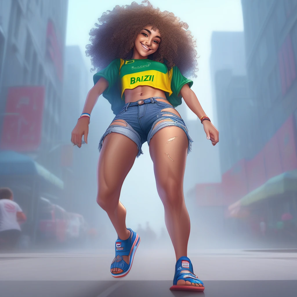 a blue curly haired shy female with brown skin wearing a Brazil jersey croptop with ripped denim shorts with her thong showing, she is smiling, cute, she is wearing flip flops, natural average body, mid afternoon ambient, detailed street background, fog, dynamic light, masterpiece, great composition, detailed, detailed background